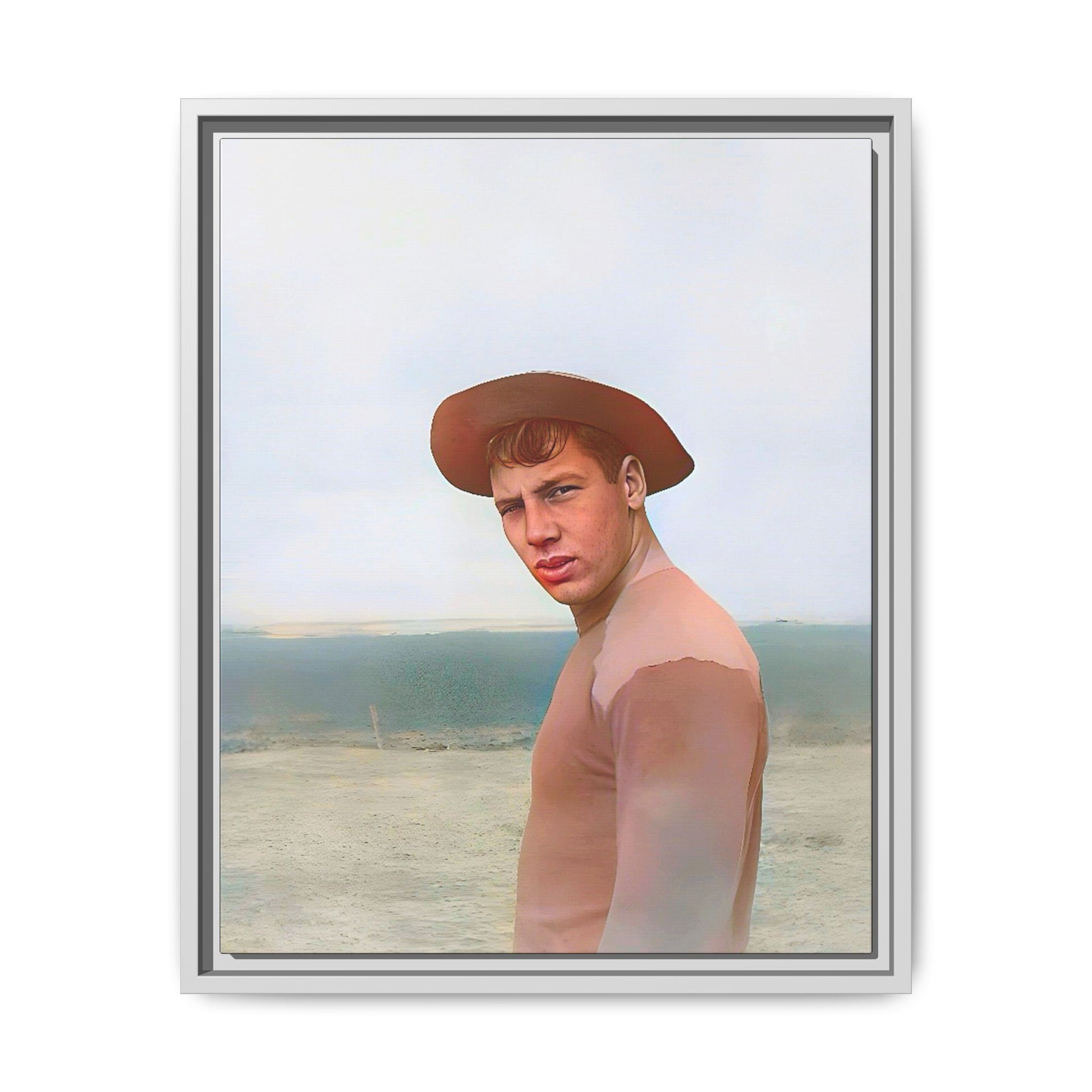 A framed vintage portrait on matte canvas featuring Victor at Cannon Beach, Oregon, capturing the rugged beauty of coastal life.