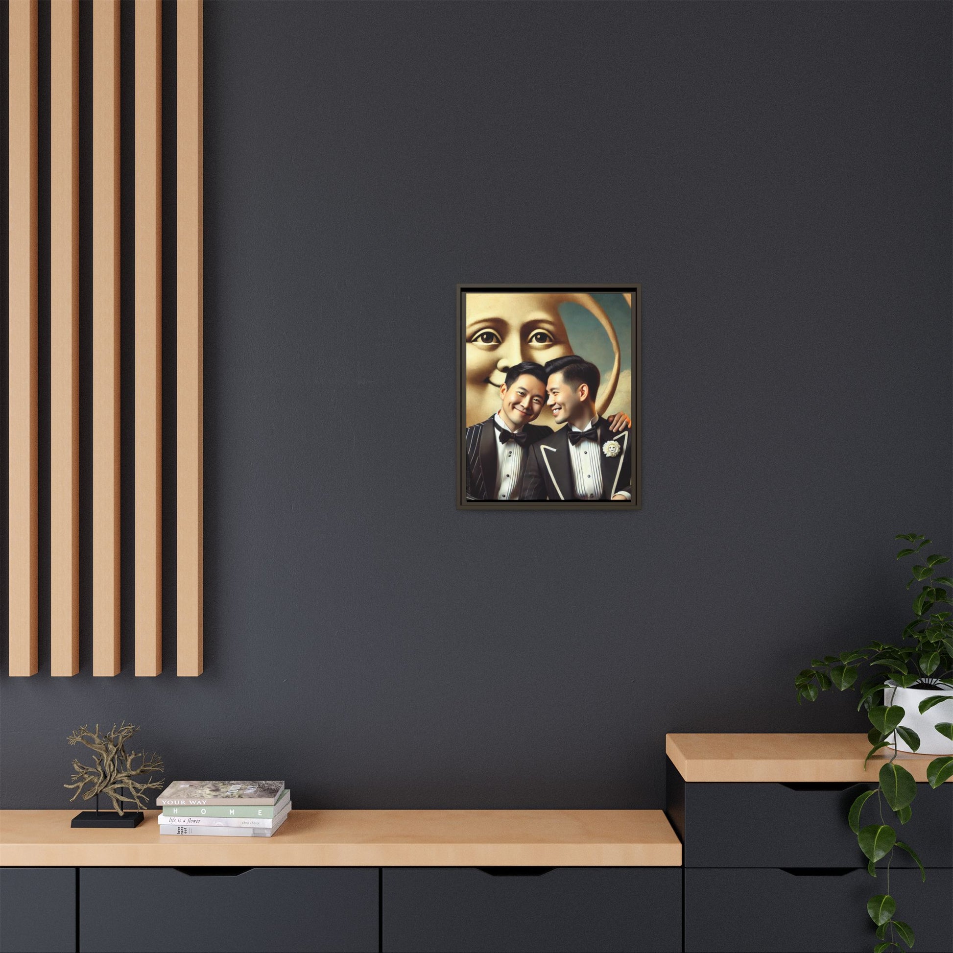 Framed matte canvas featuring a joyful queer Asian couple in tuxedos standing beneath a crescent moon. This artwork, part of the Missing Art Studies series, reimagines erased queer histories with warmth, dignity, and vintage-inspired style.