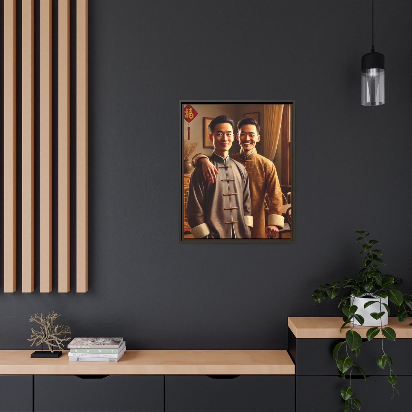 Artwork featuring a joyful portrait of a Chinese queer couple celebrating Chinese New Year in traditional attire. Set in a cozy American home adorned with subtle decorations, this image captures love, cultural pride, and warmth, blending Chinese heritage with a Midwestern setting