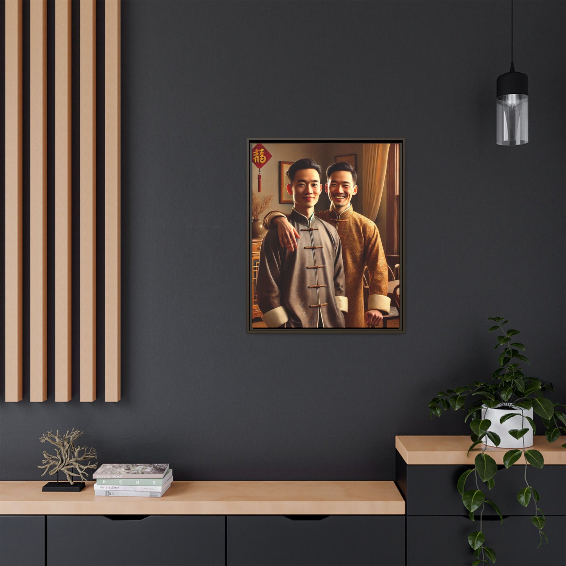 Artwork featuring a joyful portrait of a Chinese queer couple celebrating Chinese New Year in traditional attire. Set in a cozy American home adorned with subtle decorations, this image captures love, cultural pride, and warmth, blending Chinese heritage with a Midwestern setting