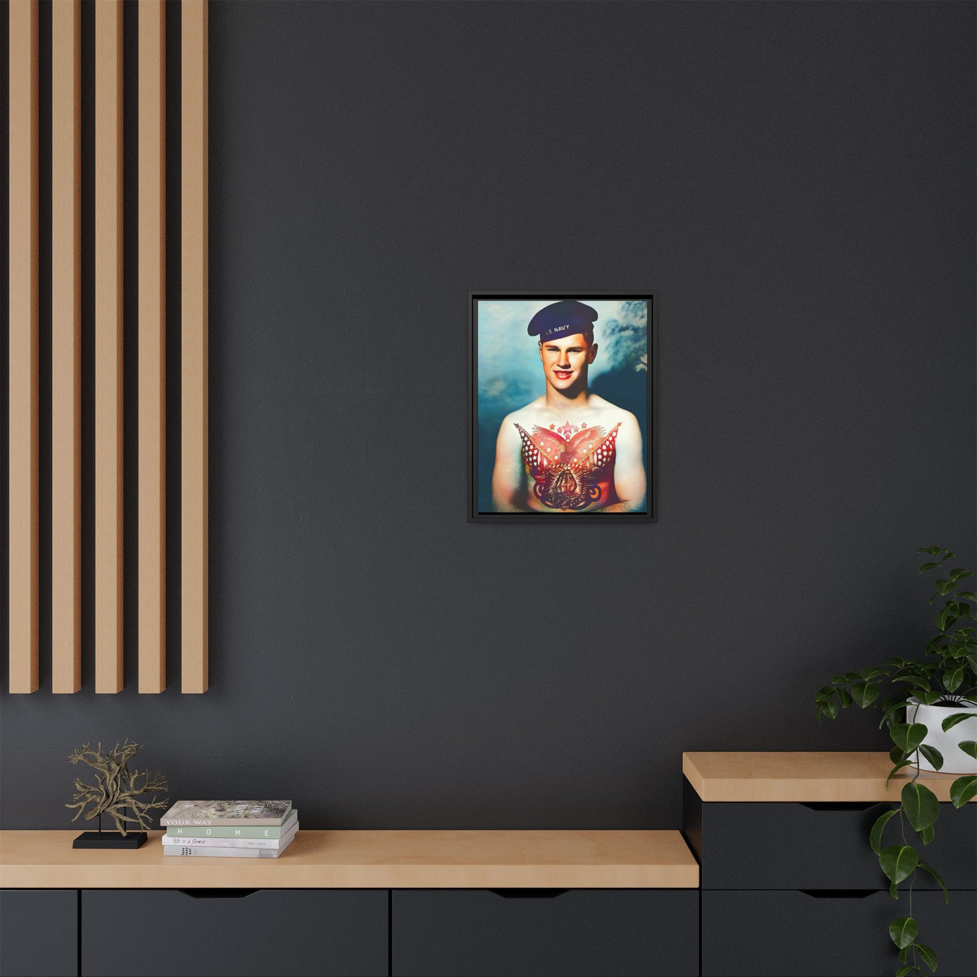 A striking vintage portrait of Charlie, a proud U.S. Navy sailor at Norfolk Navy Yard, showcasing a patriotic tattoo. This framed matte canvas print celebrates military history, individuality, and LGBTQ+ representation—perfect for collectors and history enthusiasts.