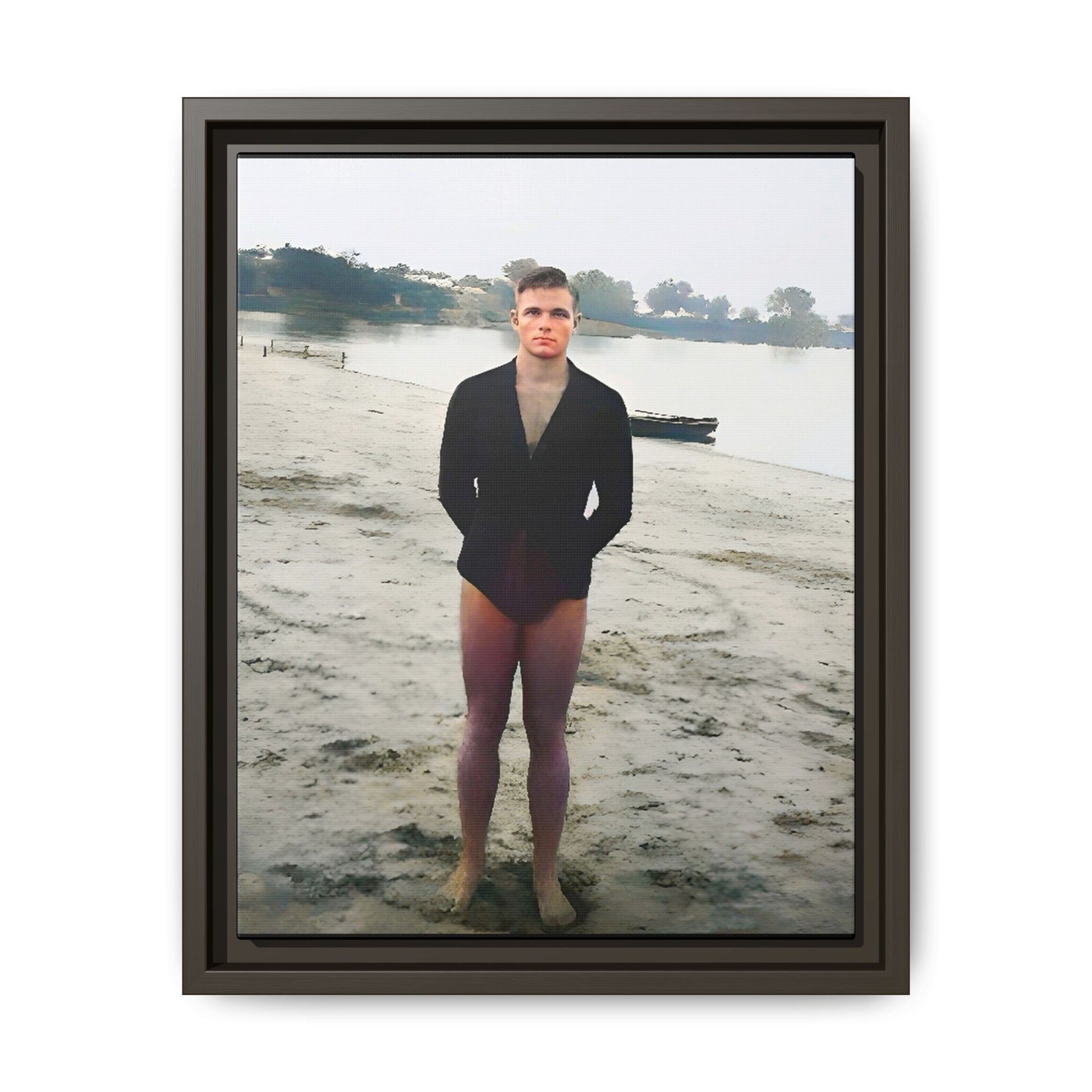 A framed vintage lake portrait on matte canvas featuring Ben at Lake Chicot, Arkansas, capturing solitude, nature, and timeless reflection.