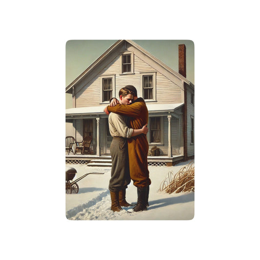 Vintage-inspired poker deck featuring two men embracing in a snowy Midwestern landscape, celebrating queer love. Gay Love