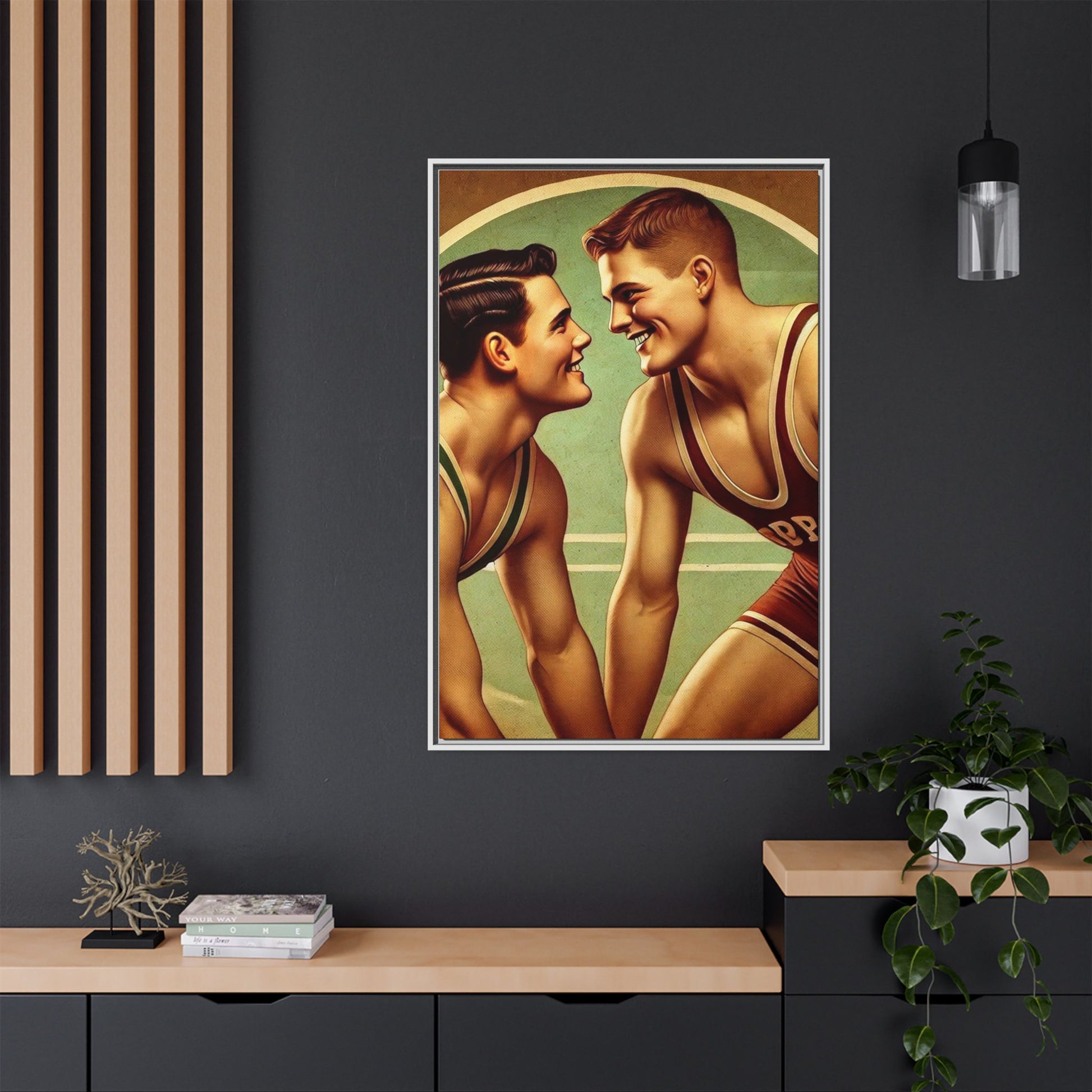 Framed artwork of two young wrestlers in vintage singlets on a stylized mat, inspired by Grant Wood's nostalgic Americana style.