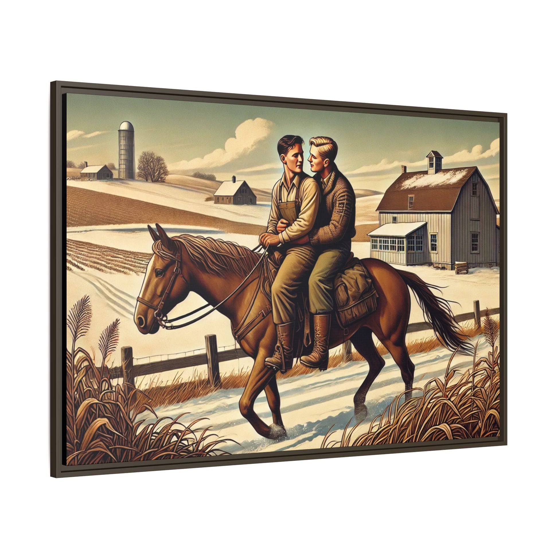 Artwork of a gay couple sharing a tender moment while seated together on a single horse in a snowy, rural Midwestern landscape. Dressed in early 20th-century attire, the men gaze at each other warmly, capturing love, resilience, and companionship in a serene 1930s-inspired American scene