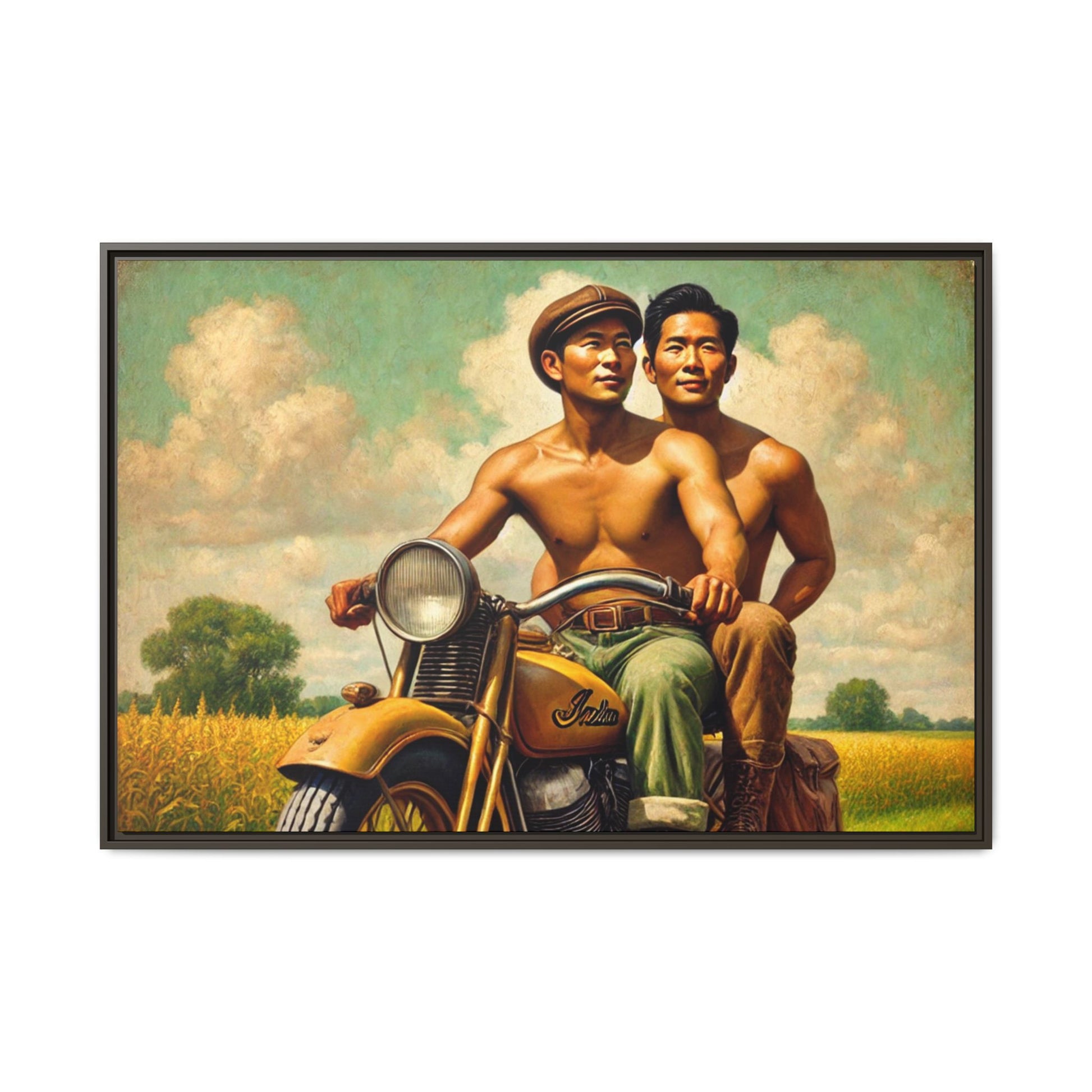 Framed artwork of an Asian-American gay couple riding a vintage yellow motorcycle through Iowa's serene countryside, celebrating love and unity.