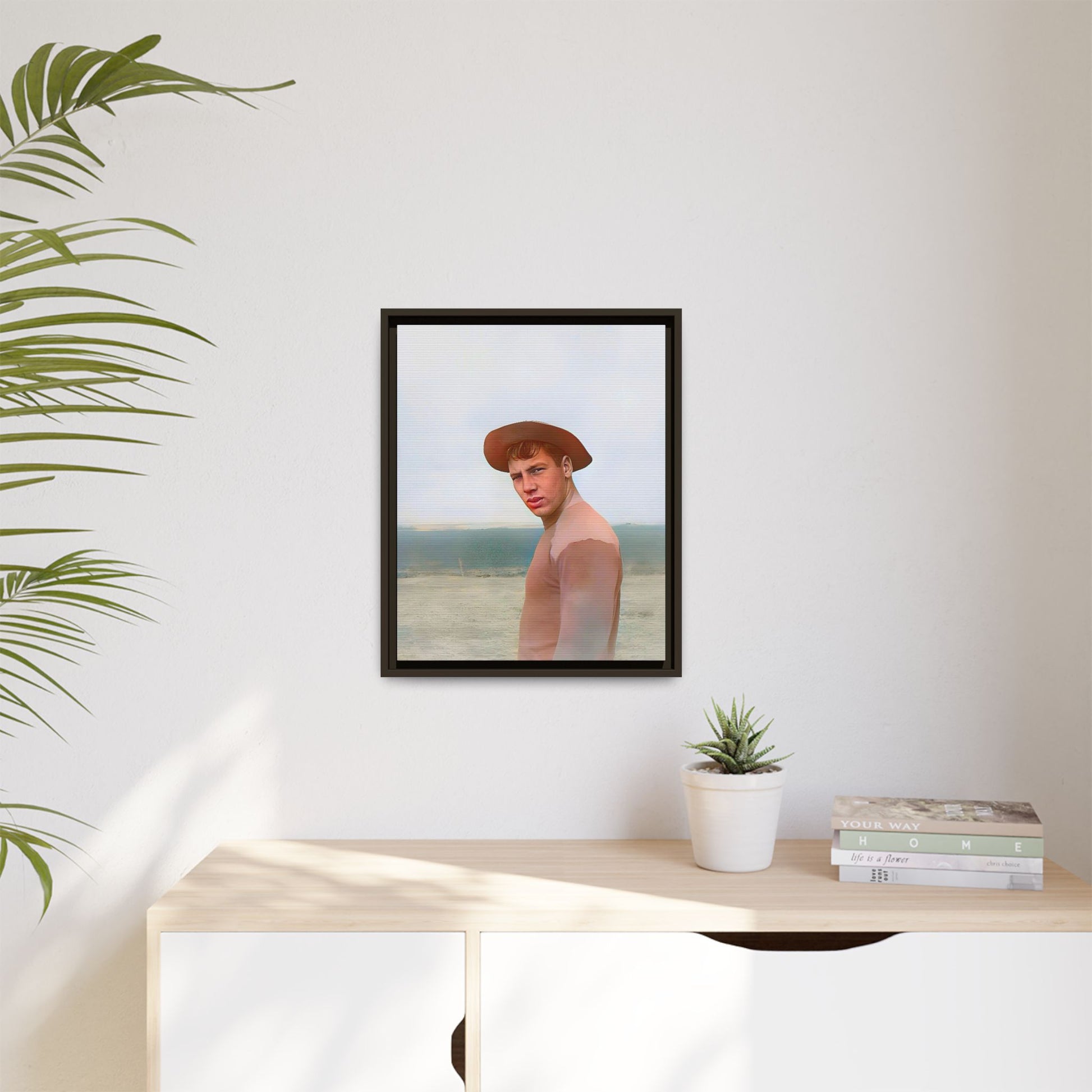 A framed vintage portrait on matte canvas featuring Victor at Cannon Beach, Oregon, capturing the rugged beauty of coastal life.