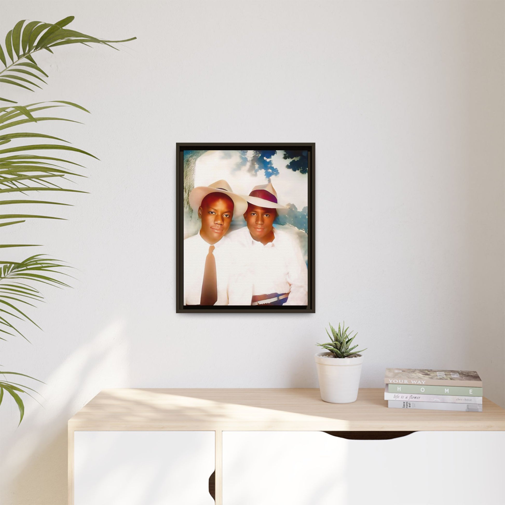 A restored vintage portrait of Bryson & Damien in Taylor, Mississippi. This framed matte canvas celebrates LGBTQ+ history, Southern charm, and timeless love. African American Gay Couple