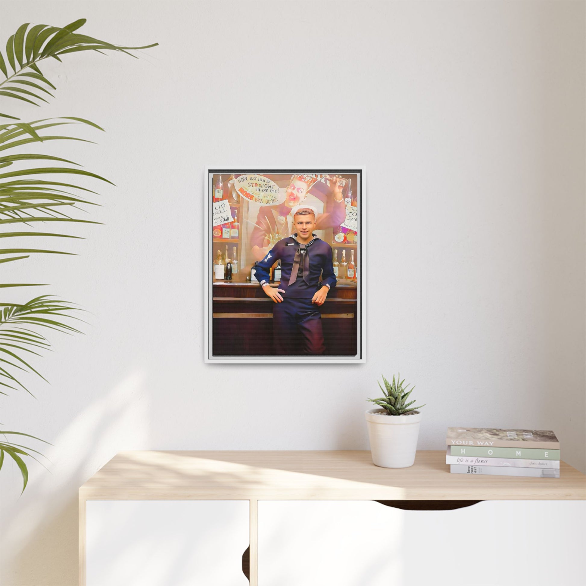 A restored WWII-era portrait of Charles at Brooklyn Navy Yard, New York. This framed matte canvas print captures the resilience and camaraderie of wartime sailors, featuring vintage war bond advertisements and classic Navy charm.