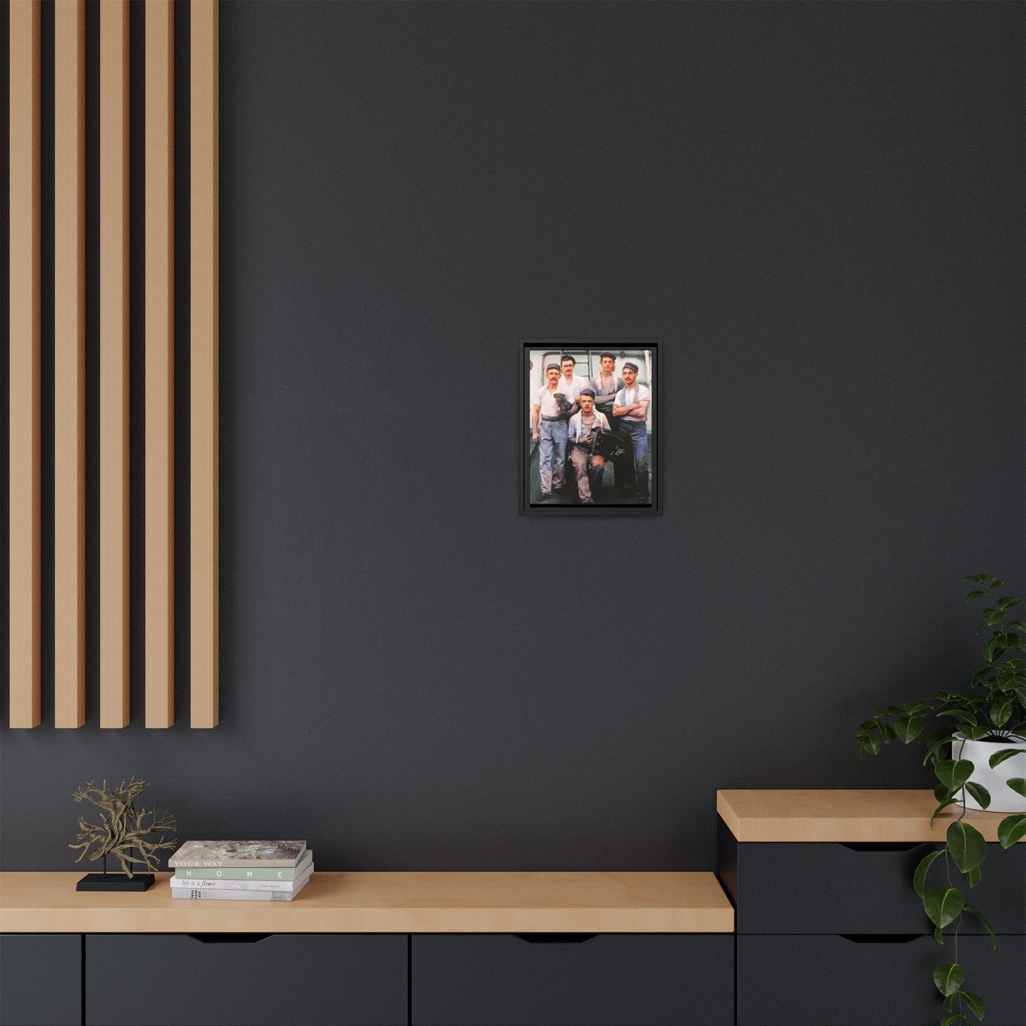 A vintage maritime photograph printed on matte canvas, featuring sailors aboard the Waimarino Cargo Ship, highlighting companionship, tradition, and the spirit of life at sea.