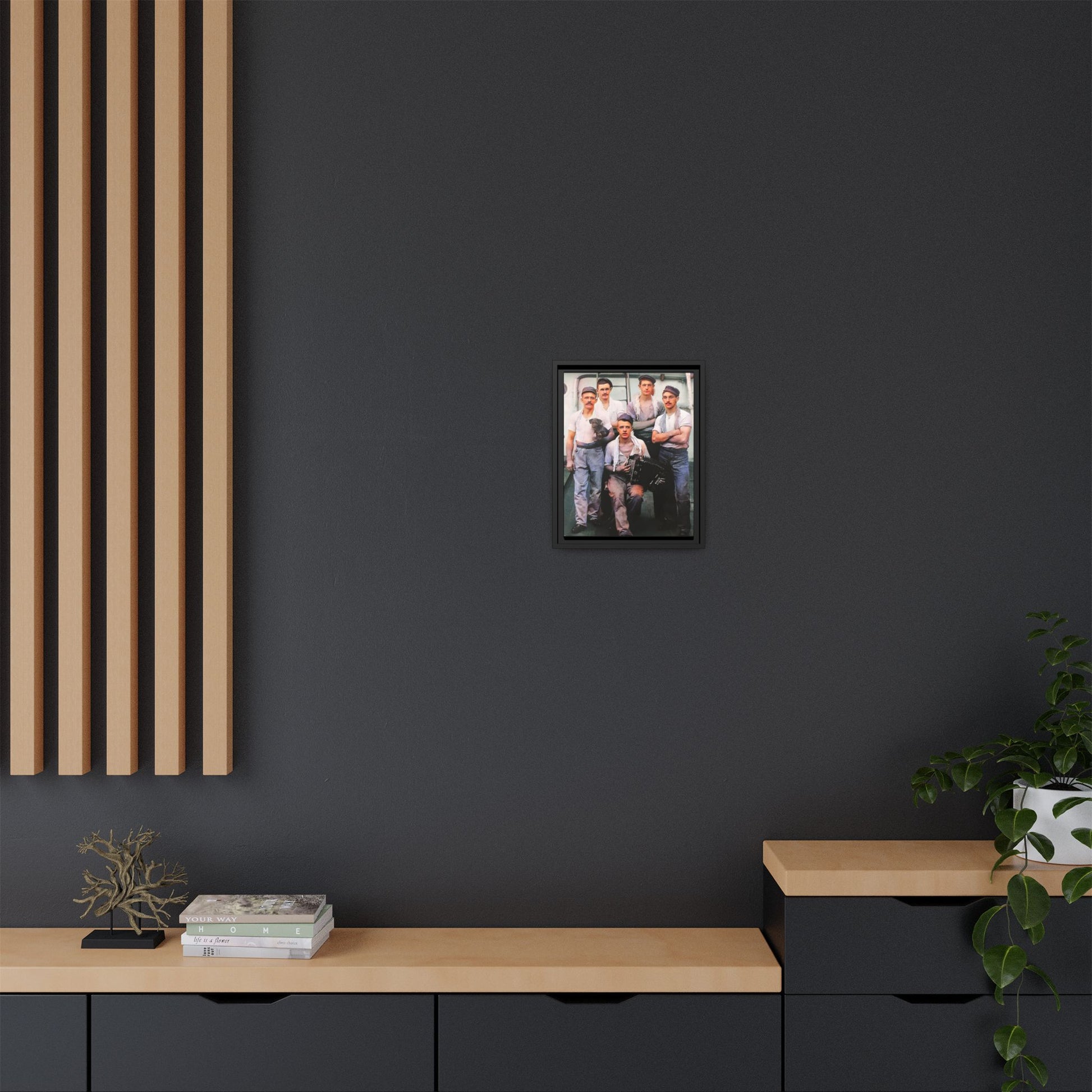 A vintage maritime photograph printed on matte canvas, featuring sailors aboard the Waimarino Cargo Ship, highlighting companionship, tradition, and the spirit of life at sea.