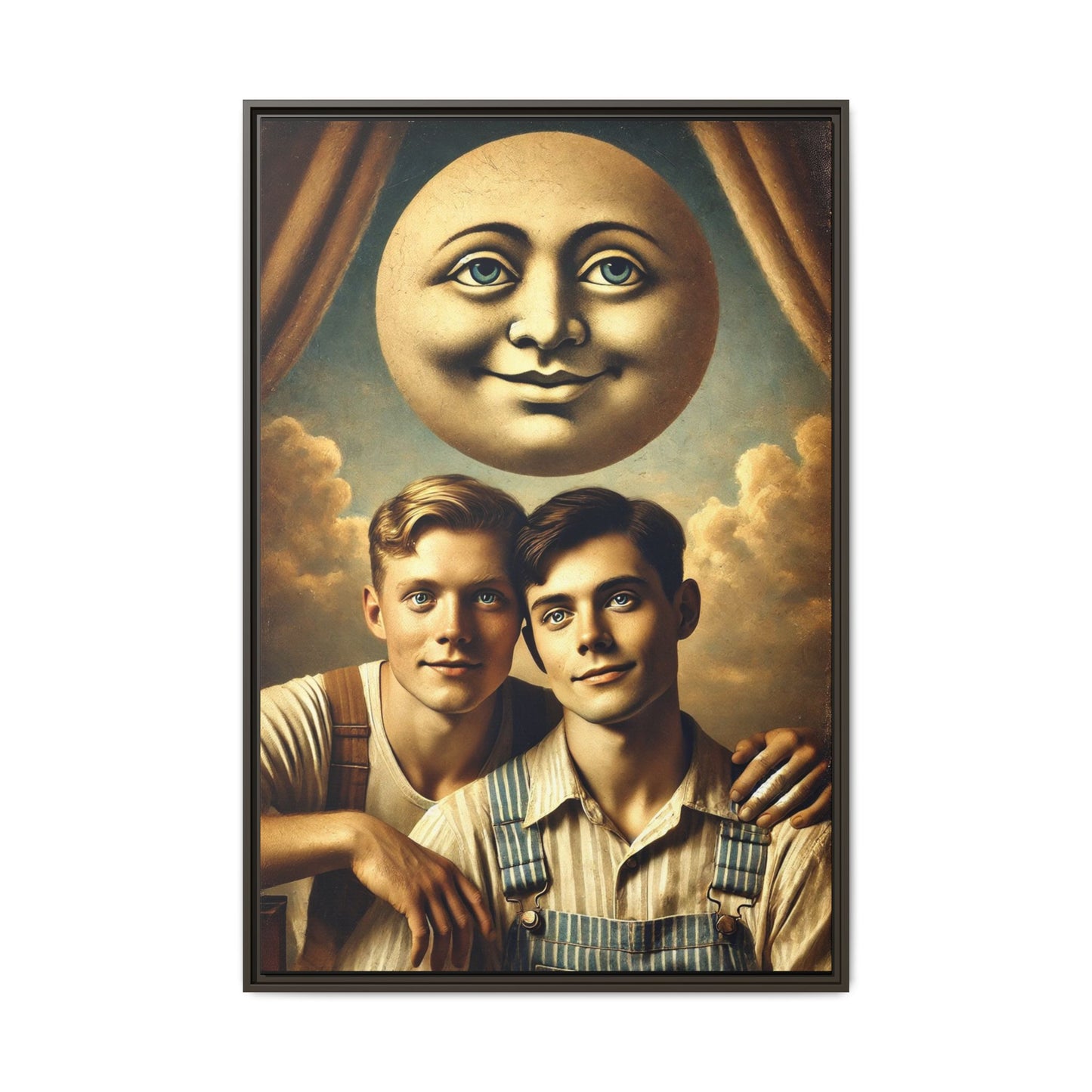 Framed matte canvas portrait featuring two young men in vintage overalls with a crescent moon prop above them. This artwork from the Missing Art Studies series reclaims LGBTQ+ imagery that may have been lost to bias, presenting warmth, intimacy, and presence.