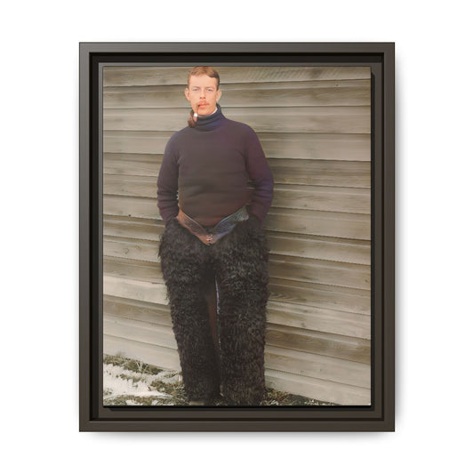 A striking vintage portrait of Stephen in Fairbanks, Alaska, wearing fur chaps and a high-neck sweater. This framed canvas print captures the rugged frontier spirit, making it a perfect decor piece for rustic homes, collectors, and history enthusiasts.