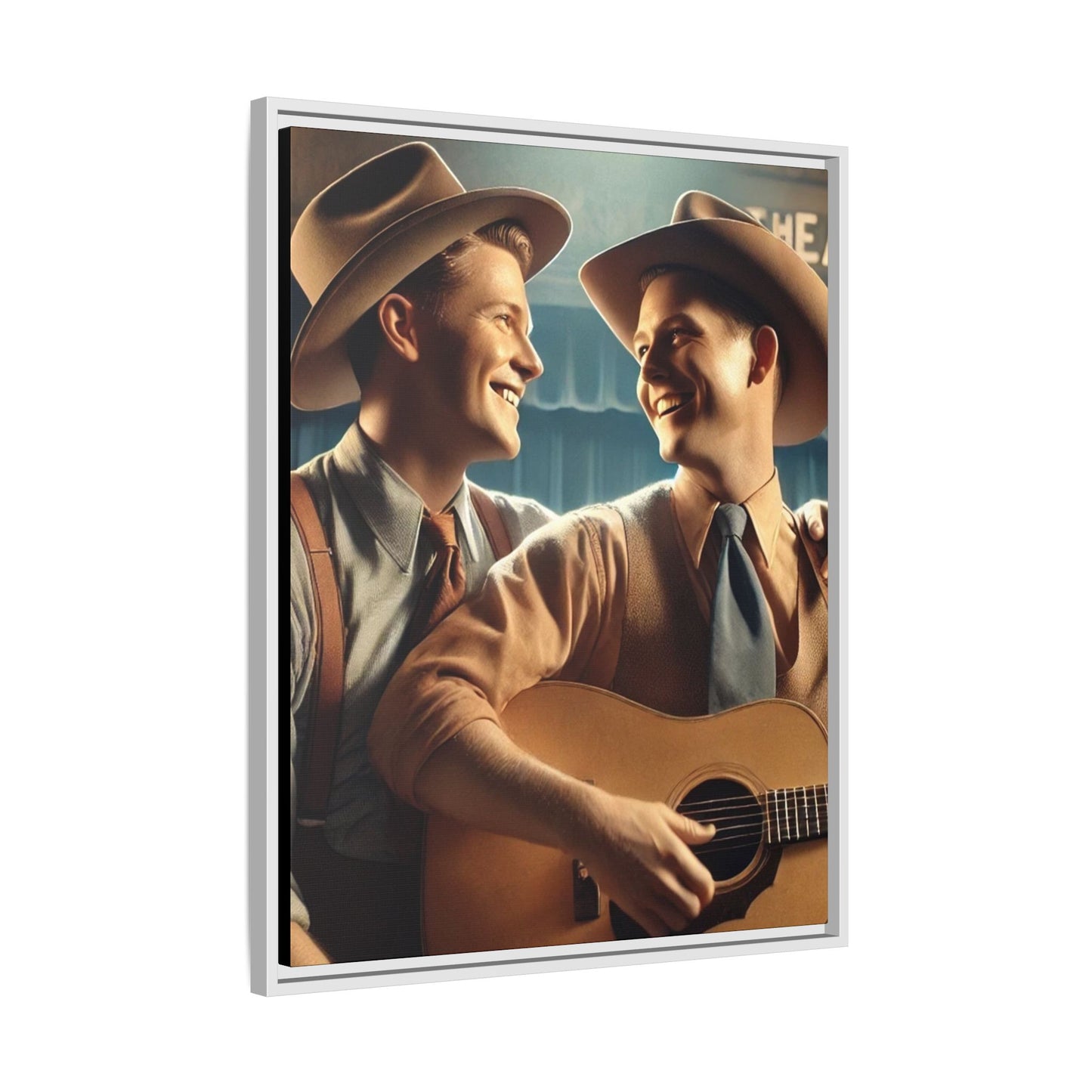 Artwork of a gay couple recording a country-western song in a 1930s-style studio. Dressed in classic Western attire with wide-brimmed hats and button-up shirts, the two men share an affectionate gaze, capturing love and unity in a nostalgic, vintage setting.