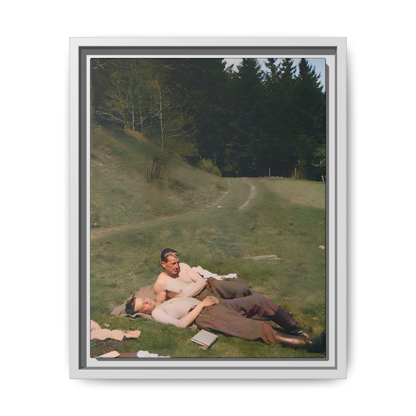 A framed vintage portrait on matte canvas featuring Anthony and Claude in the Belluno Dolomites, capturing nature, serenity, and timeless connection. Gay Couple, LGBTQ Soldiers