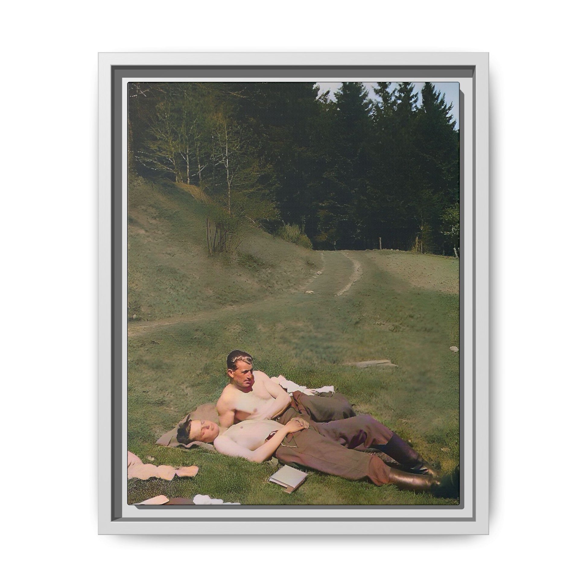A framed vintage portrait on matte canvas featuring Anthony and Claude in the Belluno Dolomites, capturing nature, serenity, and timeless connection. Gay Couple, LGBTQ Soldiers