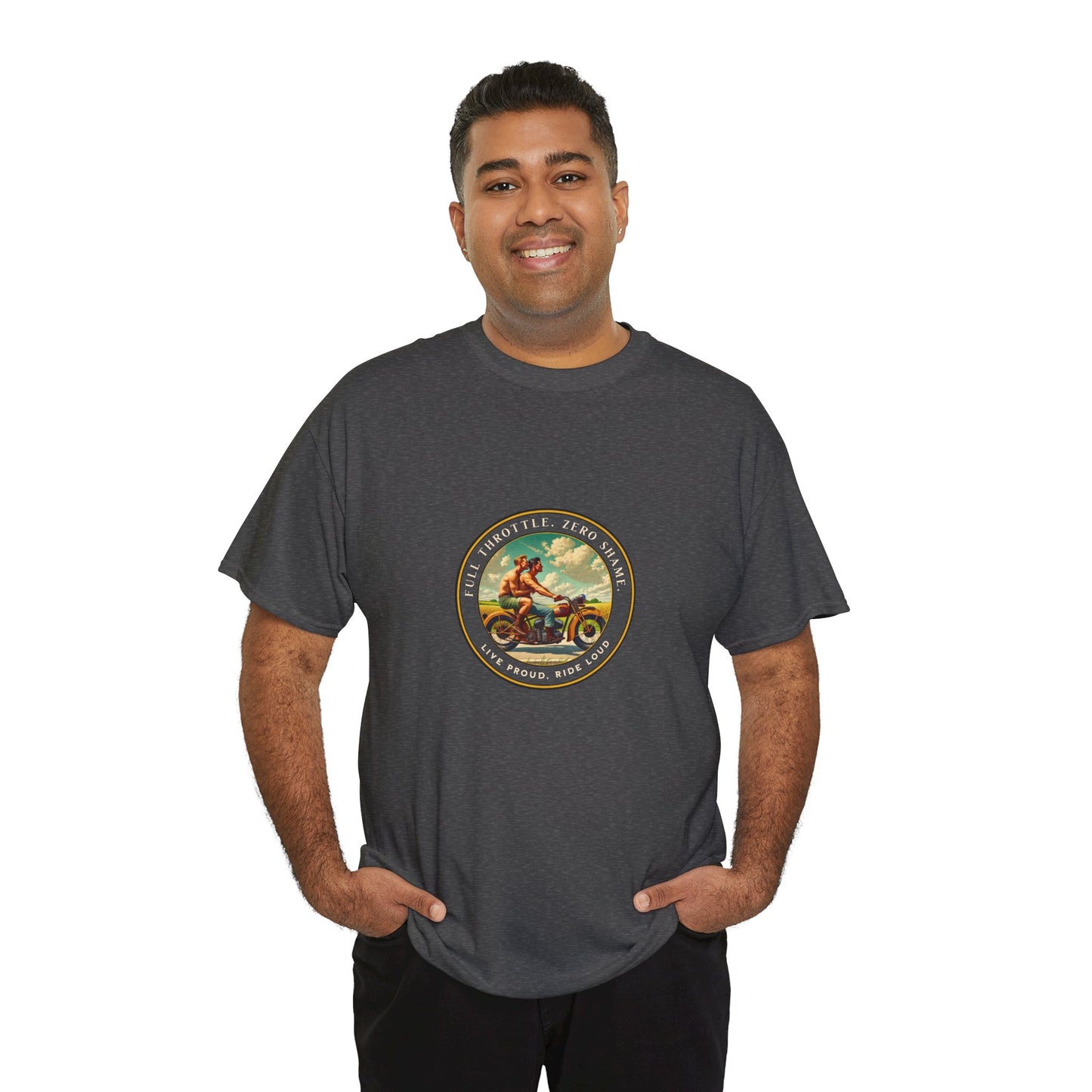 Celebrate queer Latinx pride with this bold vintage-inspired t-shirt from Walt & Pete®. Featuring two shirtless Latino men riding a motorcycle beneath the empowering text “Full Throttle. Zero Shame” and “Live Proud. Ride Loud,” this shirt honors LGBTQ+ love, freedom, and fearless self-expression.