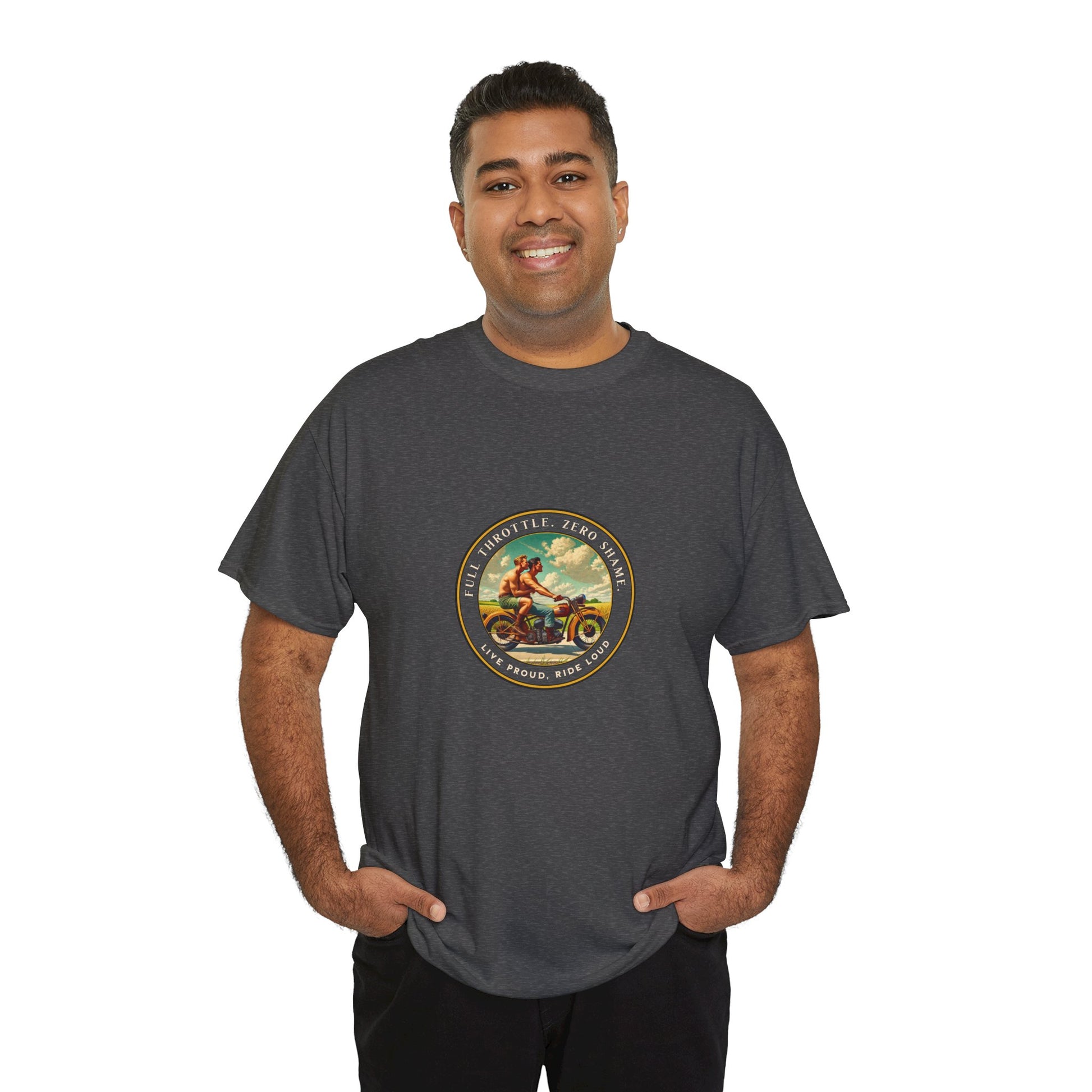 Celebrate queer Latinx pride with this bold vintage-inspired t-shirt from Walt & Pete®. Featuring two shirtless Latino men riding a motorcycle beneath the empowering text “Full Throttle. Zero Shame” and “Live Proud. Ride Loud,” this shirt honors LGBTQ+ love, freedom, and fearless self-expression.