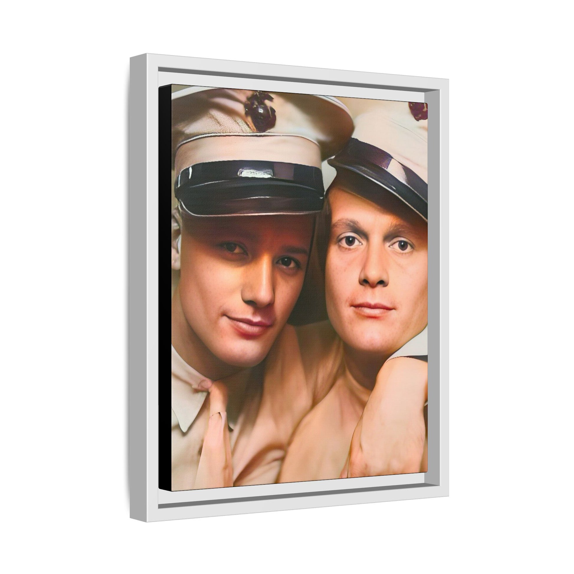 Restored vintage photograph of Paul and Ralph, an early 20th-century LGBTQ+ military couple from Camp Atterbury, Indiana. Framed matte canvas print celebrating love, courage, and LGBTQ+ history. Gay Couple Photo Booth