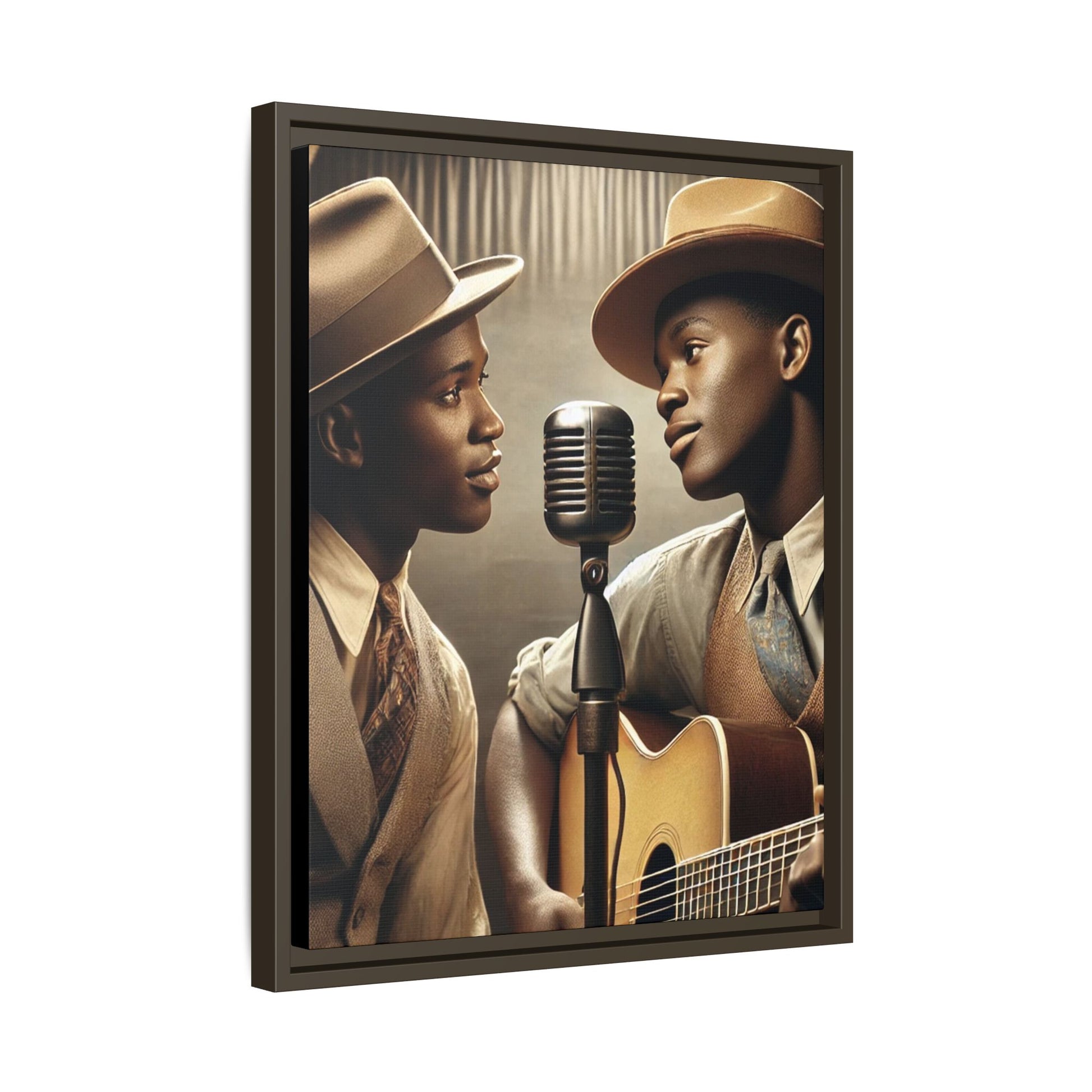 Artwork of an African-American gay couple recording a song in a 1930s-style studio. Dressed in vintage attire with fedoras and ties, they share a close, tender moment around a classic microphone, capturing love, music, and cultural heritage in a nostalgic setting