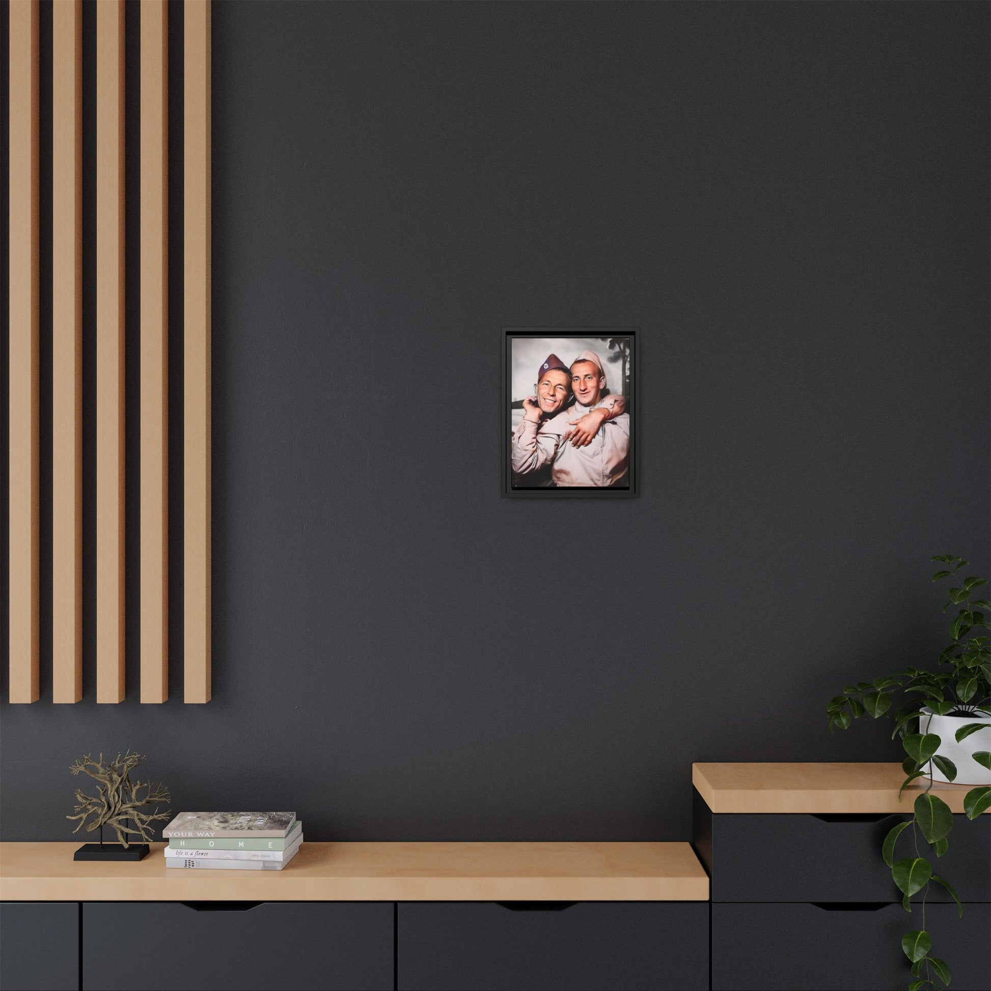 A framed vintage photo on matte canvas featuring a heartfelt portrait of a military couple at Fort Jackson, South Carolina, celebrating love and resilience in history.