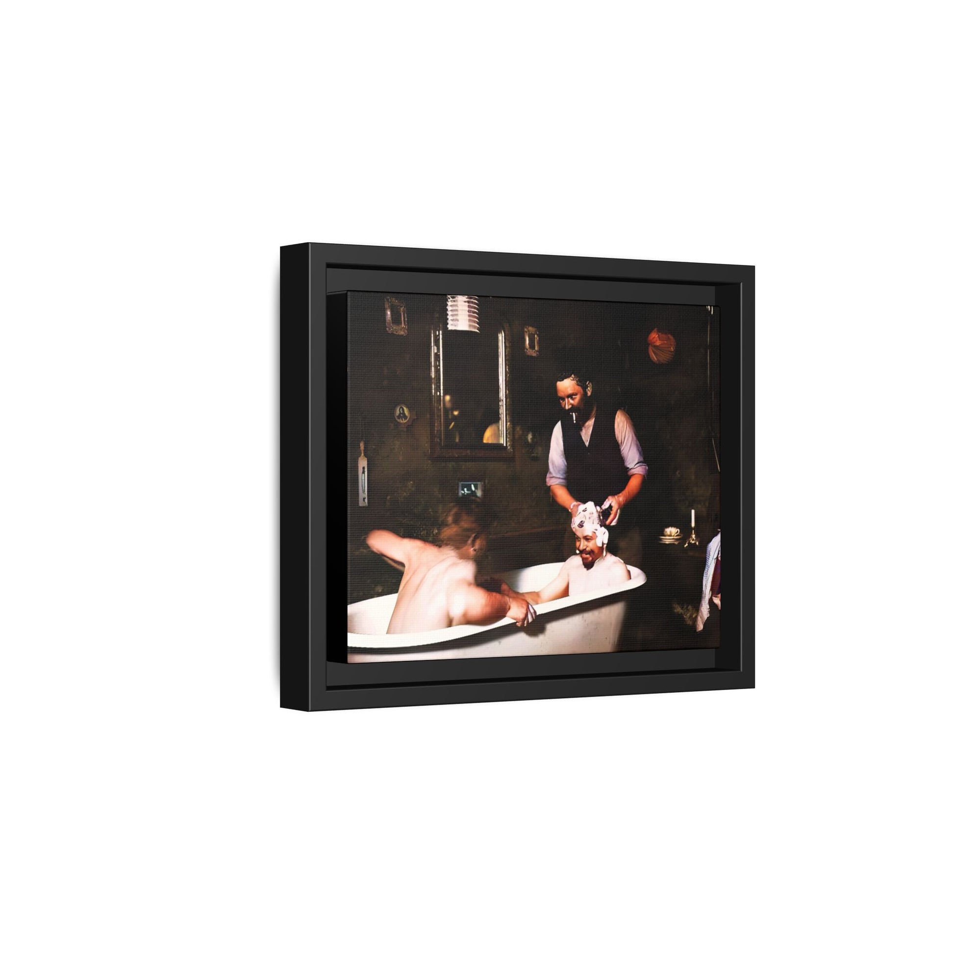 Restored vintage photo of camaraderie at Walsh Depot, Battle Mountain, NV, featuring a clawfoot tub, and framed canvas art. Naked Men in the bathtub. Gay Bears