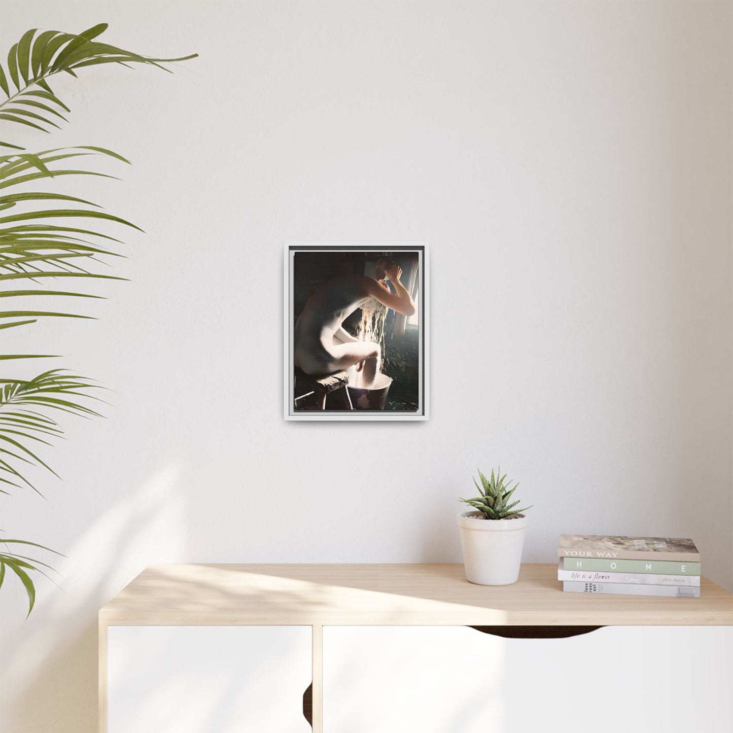Restored early 20th-century photo of Roy during a rustic bathing ritual in Rock Springs, Wyoming, framed as wall décor celebrating simplicity and renewal.