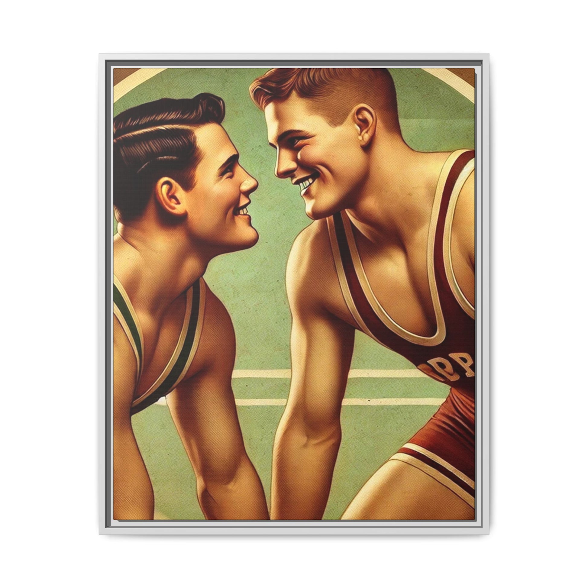 Framed artwork of two young wrestlers in vintage singlets on a stylized mat, inspired by Grant Wood's nostalgic Americana style.