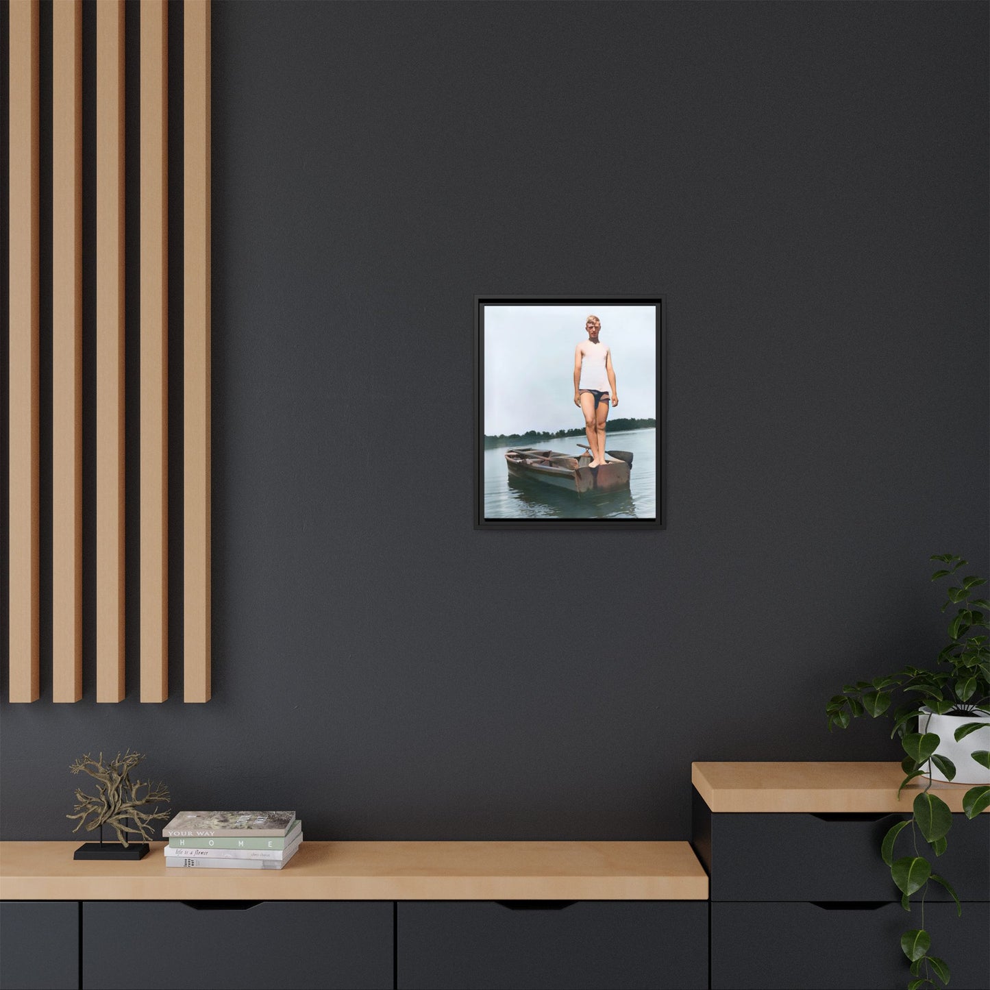 A framed vintage lake portrait on matte canvas featuring George standing on a rowboat at Creve Coeur Lake, Missouri, capturing timeless outdoor nostalgia.