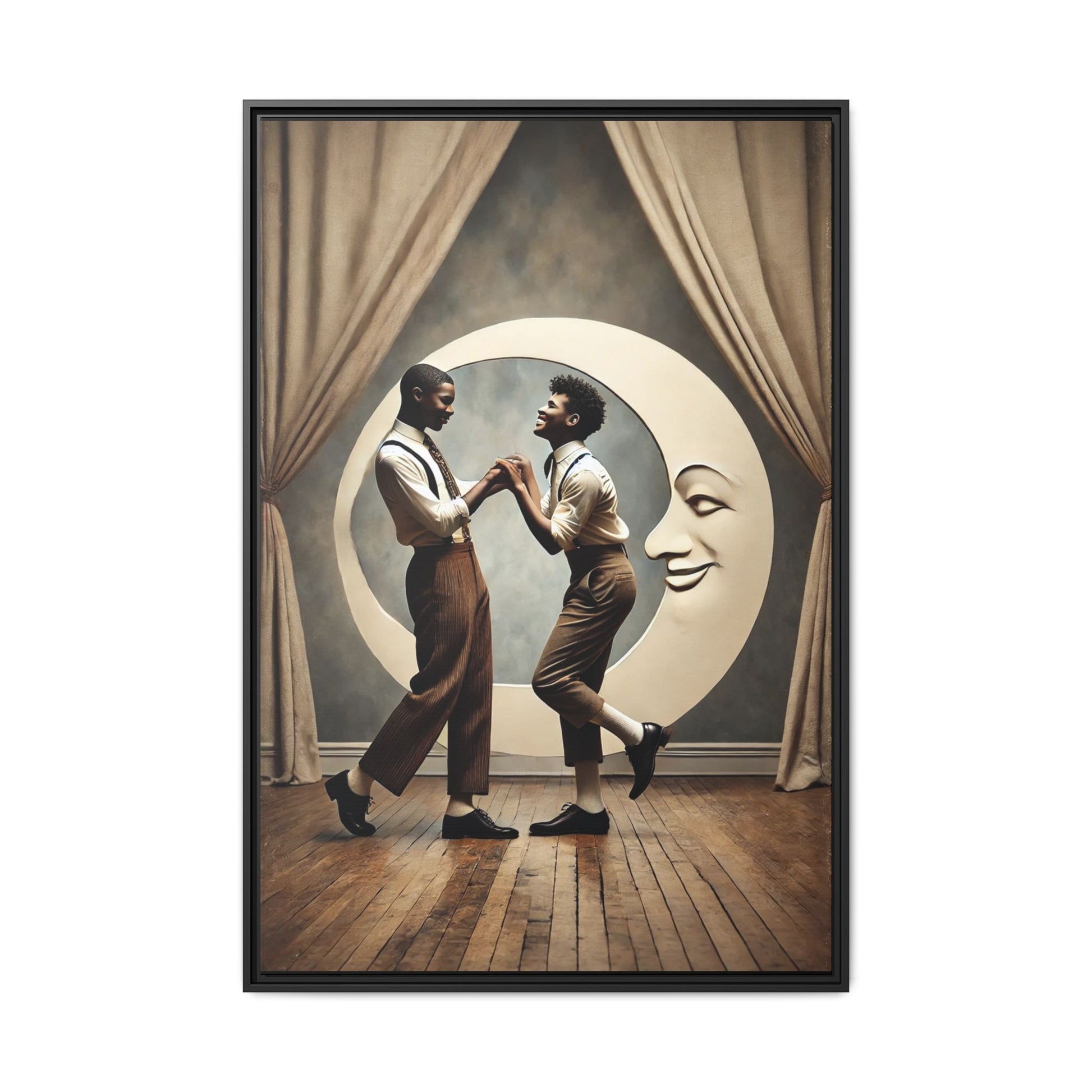 Two joyful young Black men dressed in 1920s fashion dancing in front of a crescent moon prop with a smiling face. This artwork reclaims erased queer love, offering a whimsical and powerful celebration of Black LGBTQ+ youth and history.