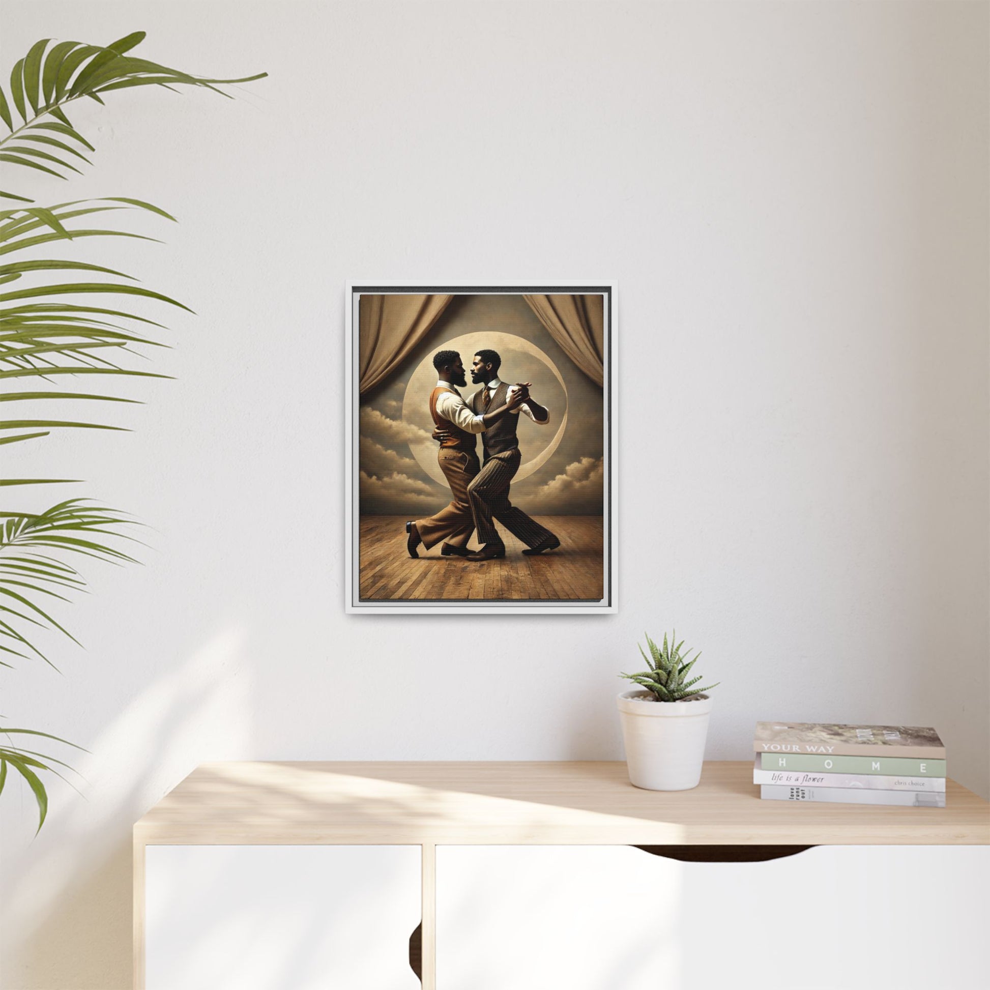 Original artwork of two Black men ballroom dancing in vintage 1920s suits under a glowing moon backdrop. A romantic and powerful tribute to queer love and Black history that reclaims moments lost to systemic bias and cultural erasure.
