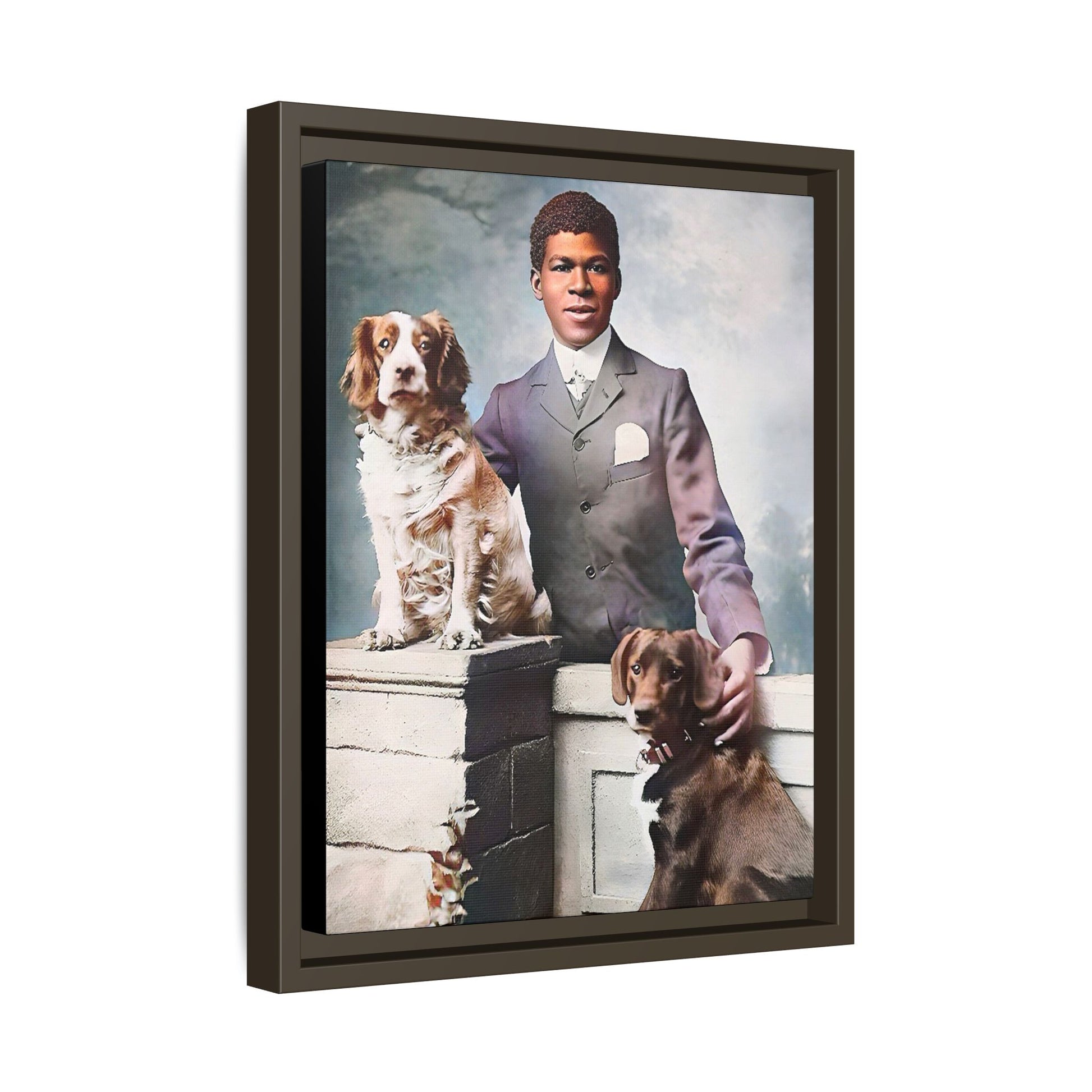 A restored vintage portrait of Marcus with his dogs, Buster and Ellis, in Charlotte, North Carolina. This framed matte canvas print captures the elegance of Southern charm and the enduring bond between a man and his loyal companions. Vintage Dog Portrait