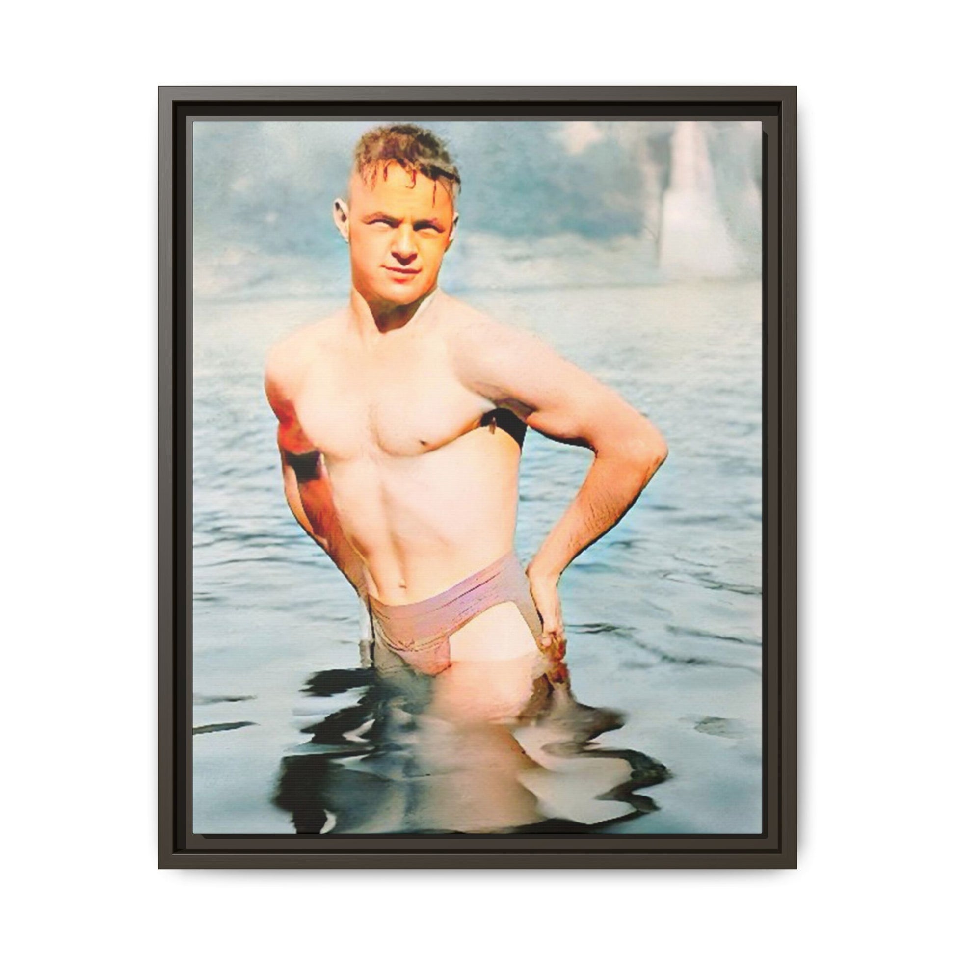 Restored 1940s vintage photo of Lewis standing waist-deep in Lake Wawasee, Indiana, radiating confidence and vitality, framed as wall art.