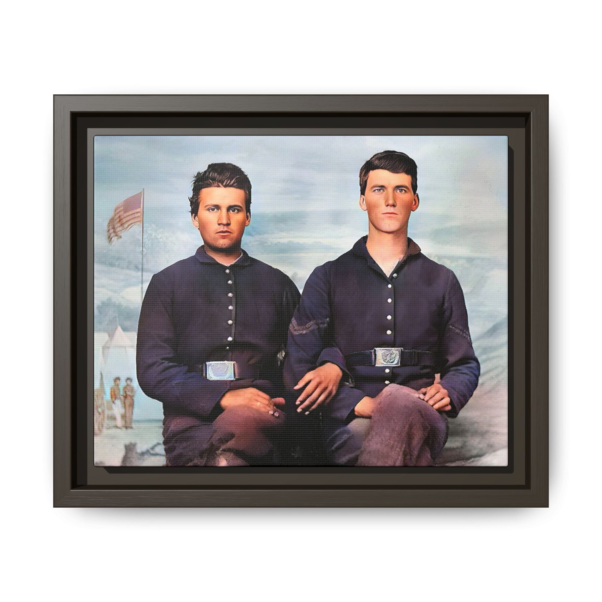 A framed vintage Civil War photo on matte canvas featuring two Union soldiers at Camp Curtin, honoring military history. Gay Couple