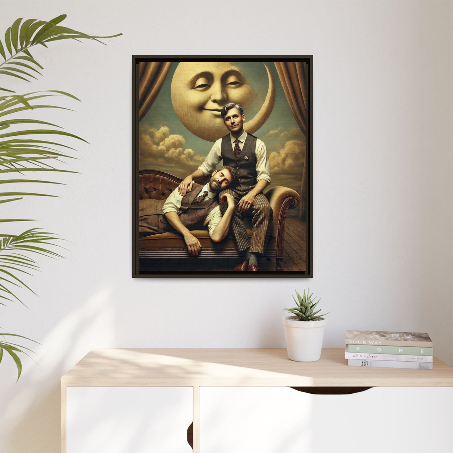 Vintage-style artwork of two men in 1920s clothing sitting close, one resting his head on the other’s lap beneath a smiling moon. Surrounded by theatrical curtains and clouds, this original piece honors lost queer love and challenges historical erasure with tenderness and pride.