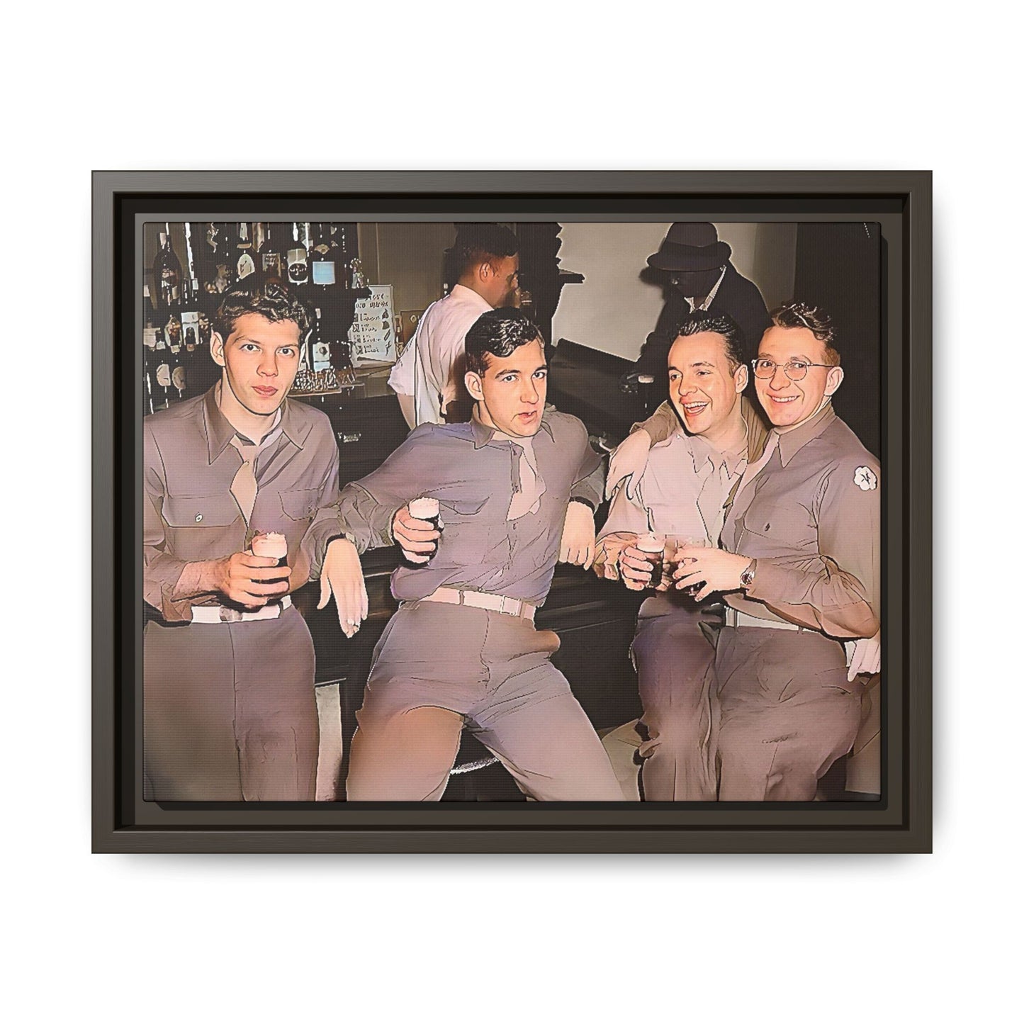 Restored vintage photograph of soldiers in uniform gathered at Jackson's gay bar in mid-20th century San Francisco. Framed matte canvas print celebrating camaraderie, resilience, and LGBTQ+ history