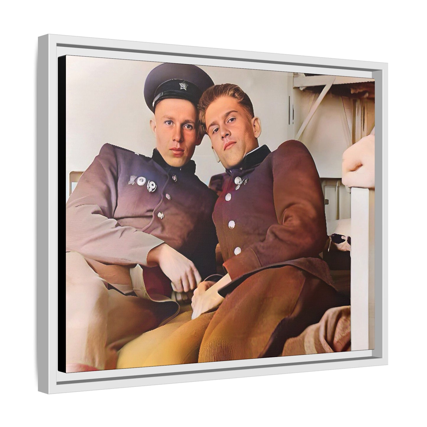 A restored vintage photograph of two Russian soldiers in uniform, seated together in their quarters in Volgograd, Russia. Their relaxed postures and warm expressions capture a moment of camaraderie, resilience, and military history. A powerful tribute to LGBTQ+ representation in the armed forces. Gay Couple Винтажное фото  гей-пара