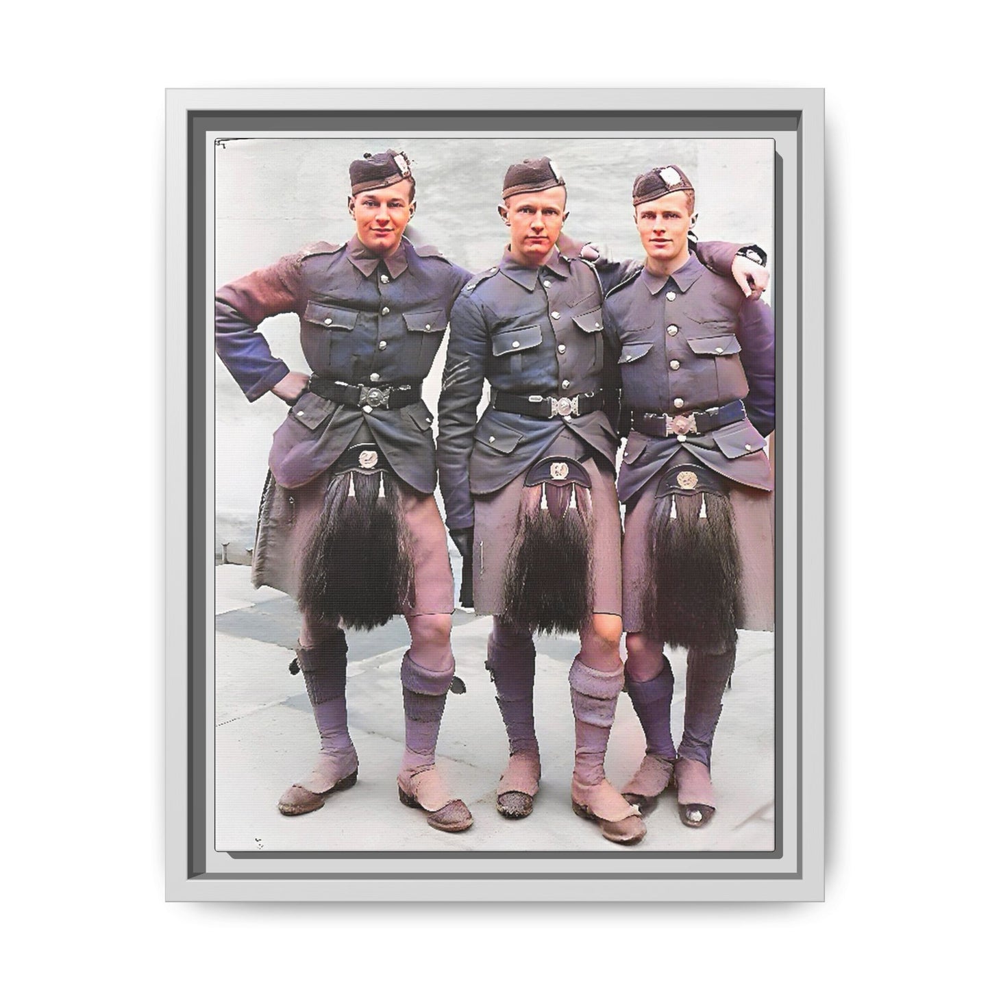 A restored vintage portrait of Gordon Highlanders in Glasgow, Scotland. This framed matte canvas honors Scottish military history, tradition, and unity.