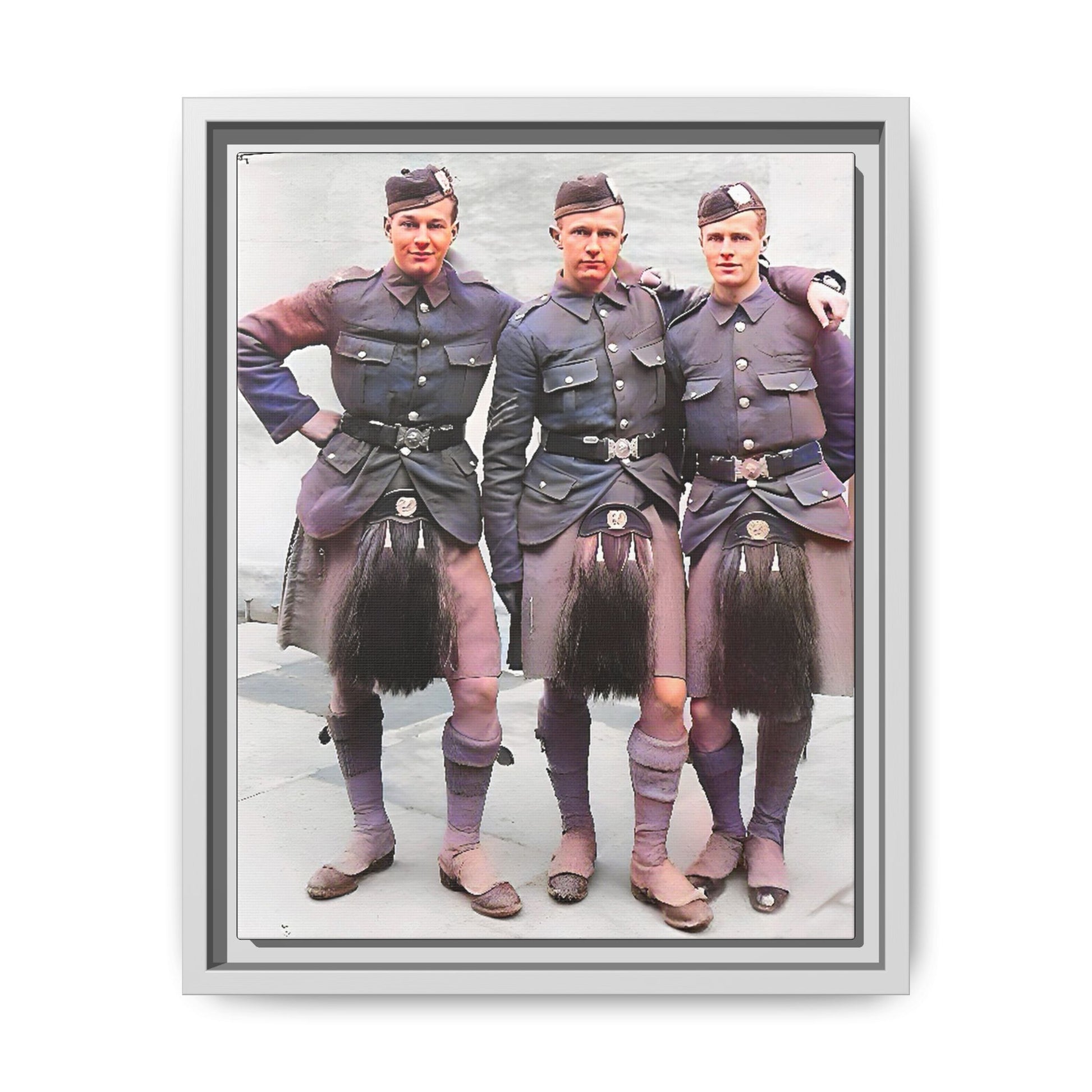 A restored vintage portrait of Gordon Highlanders in Glasgow, Scotland. This framed matte canvas honors Scottish military history, tradition, and unity.