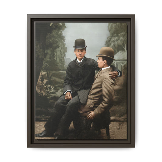 Historic portrait of two men in bowler hats seated outdoors
