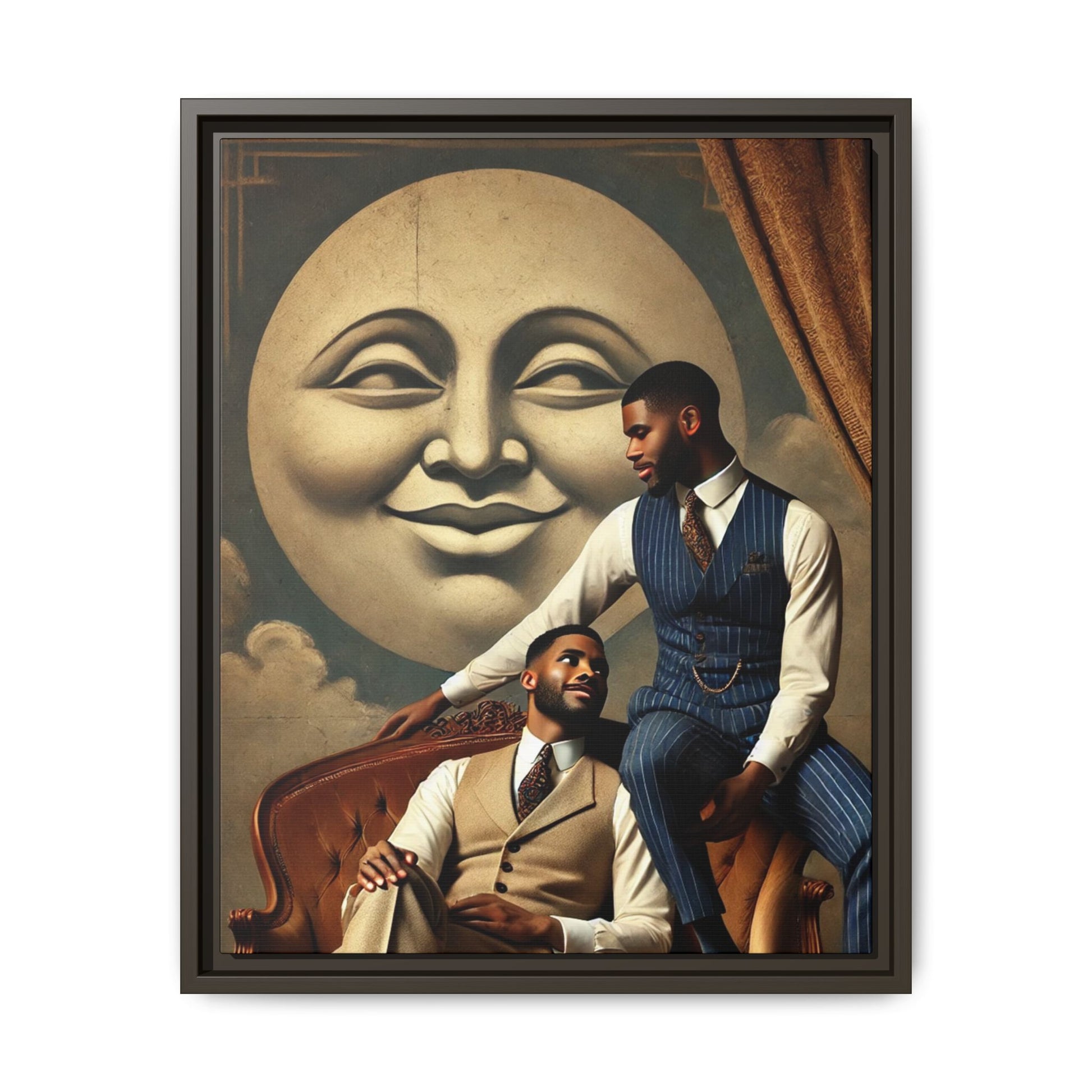 An elegant portrait of two Black men in vintage suits, seated affectionately beneath a smiling full moon. This 1920s-inspired artwork reclaims lost LGBTQ history, honoring Black queer love through style, softness, and resilience.