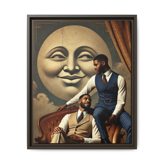 An elegant portrait of two Black men in vintage suits, seated affectionately beneath a smiling full moon. This 1920s-inspired artwork reclaims lost LGBTQ history, honoring Black queer love through style, softness, and resilience.