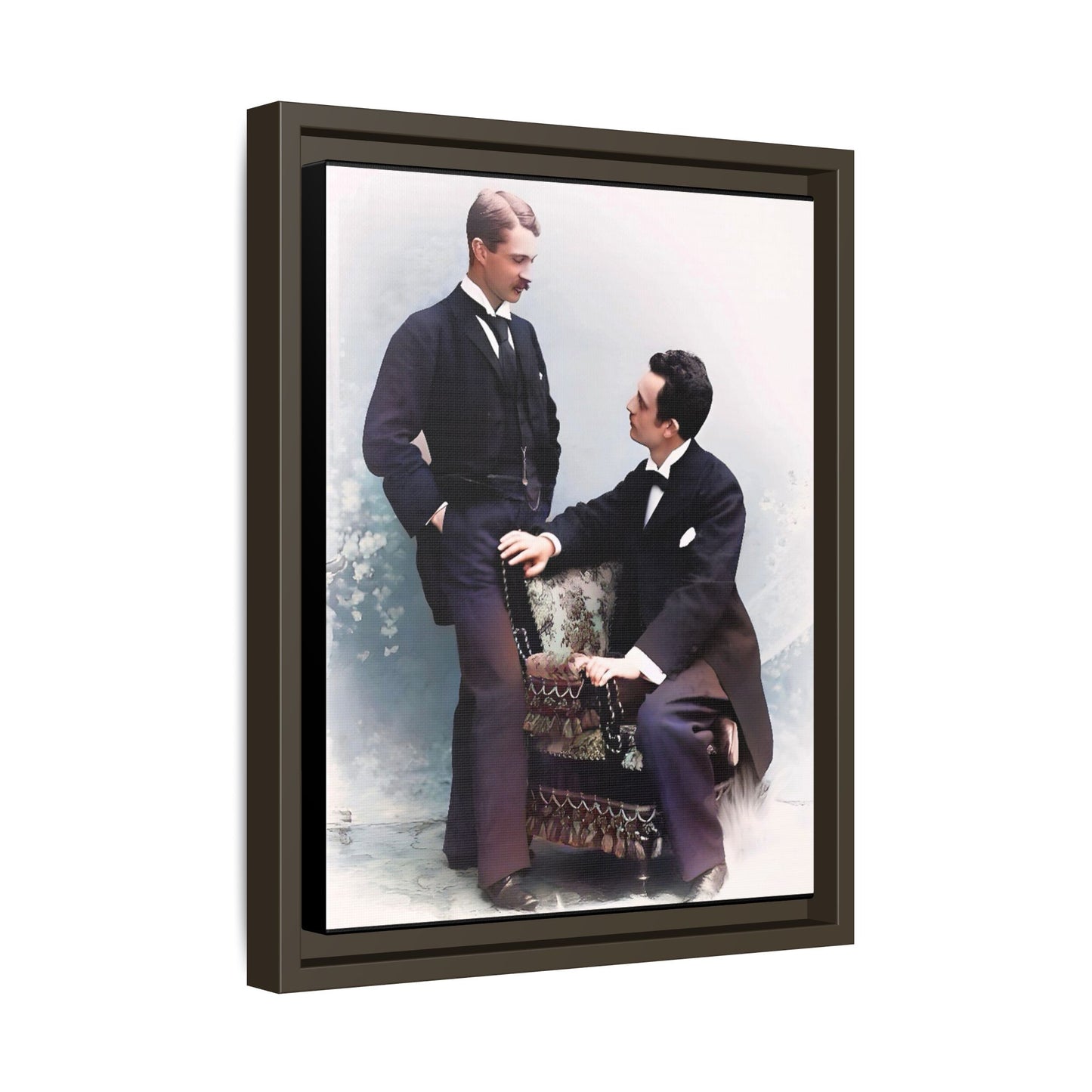 A beautifully restored vintage portrait of Ernest & Richard in Wilmington, North Carolina, exuding elegance and deep connection. Dressed in refined suits, their poised expressions capture a timeless LGBTQ+ love story, making this framed matte canvas print a stunning historical art piece for collectors and enthusiasts.