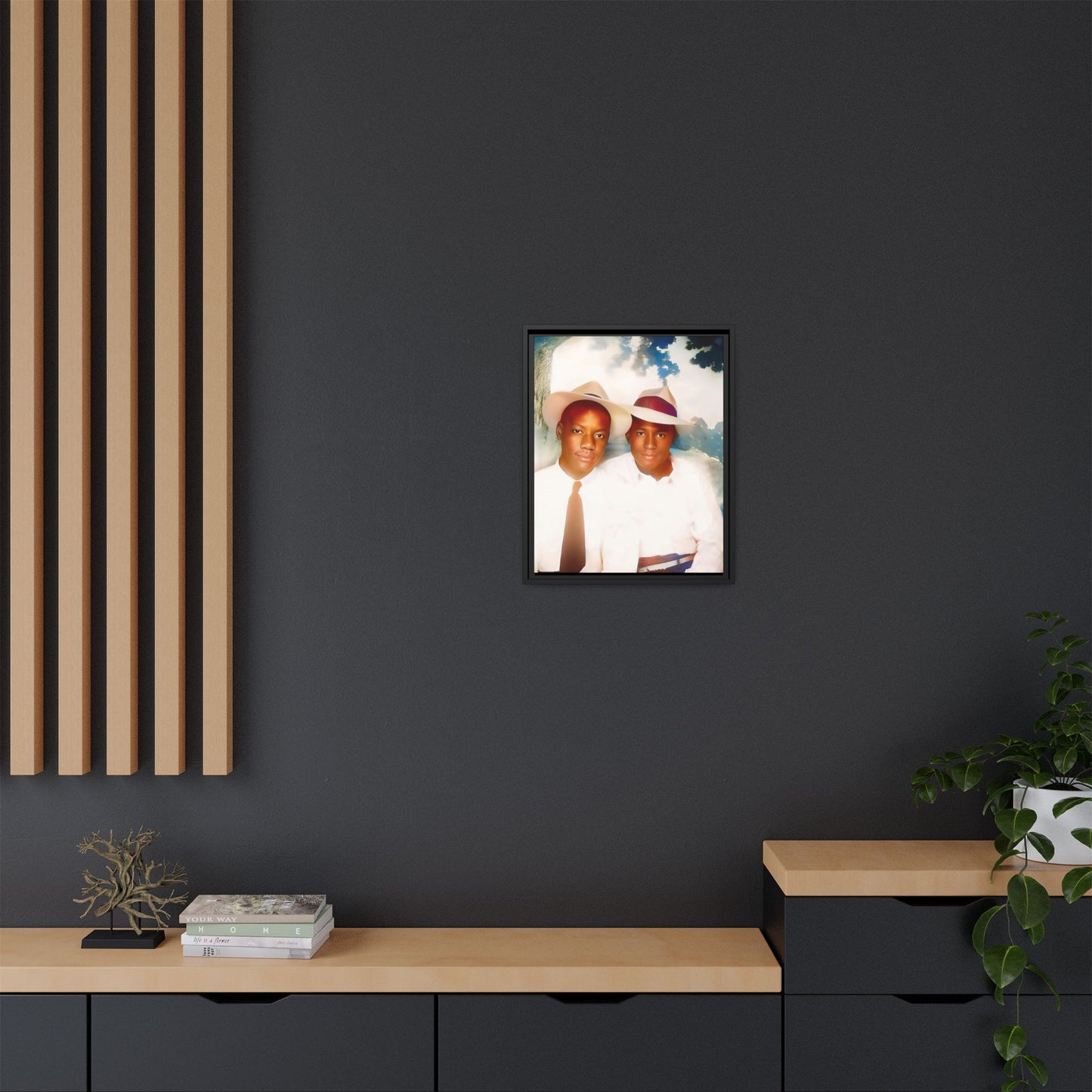 A restored vintage portrait of Bryson & Damien in Taylor, Mississippi. This framed matte canvas celebrates LGBTQ+ history, Southern charm, and timeless love. African American Gay Couple