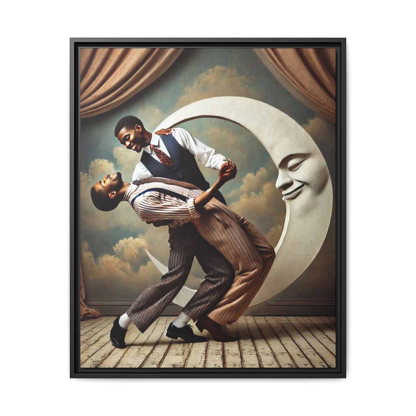 Framed artwork of two Black men in vintage suits dancing tenderly beneath a crescent moon with a smiling face. A romantic 1920s-inspired scene with velvet curtains and a painted sky backdrop. Part of a collection reclaiming lost queer Black history and art.