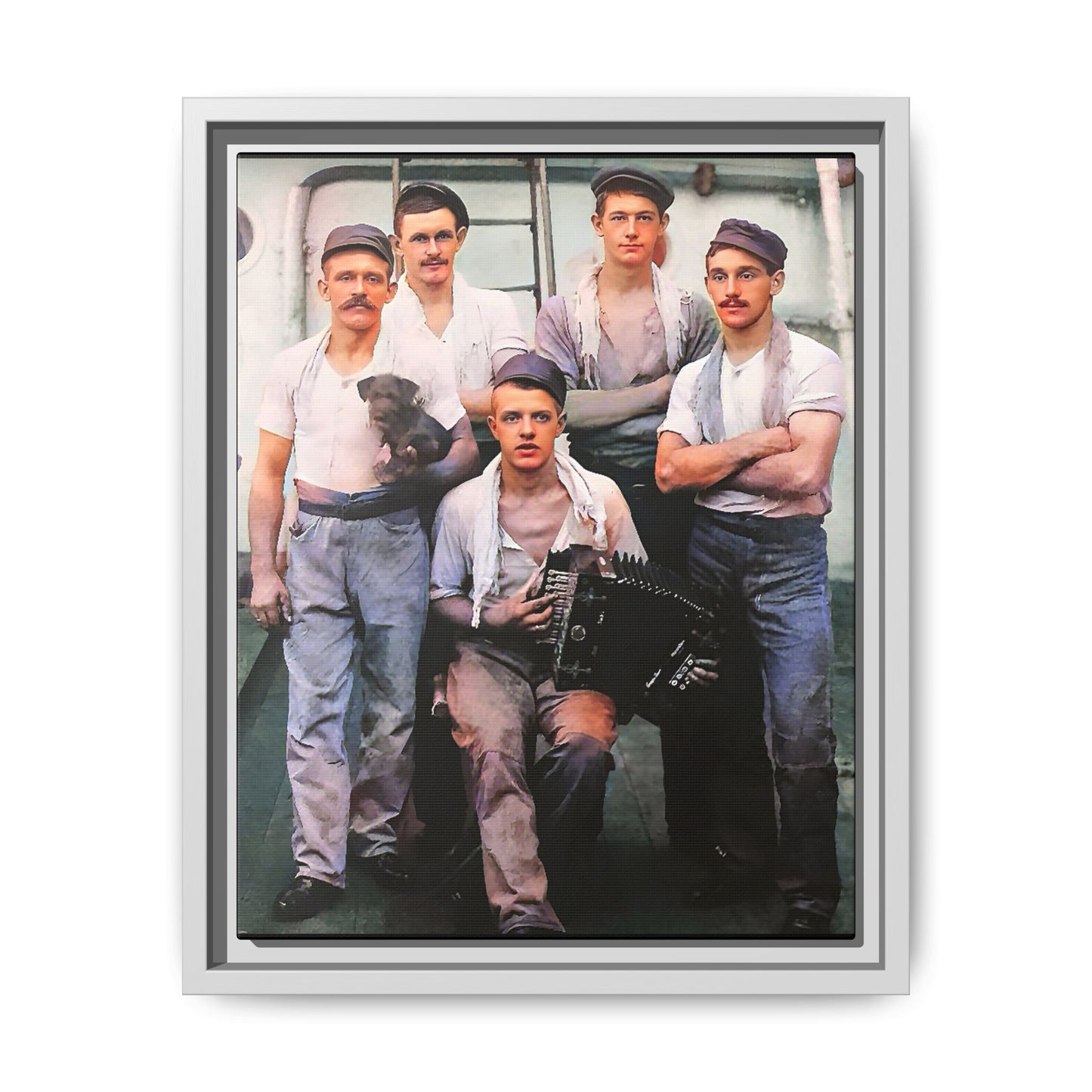 A vintage maritime photograph printed on matte canvas, featuring sailors aboard the Waimarino Cargo Ship, highlighting companionship, tradition, and the spirit of life at sea.
