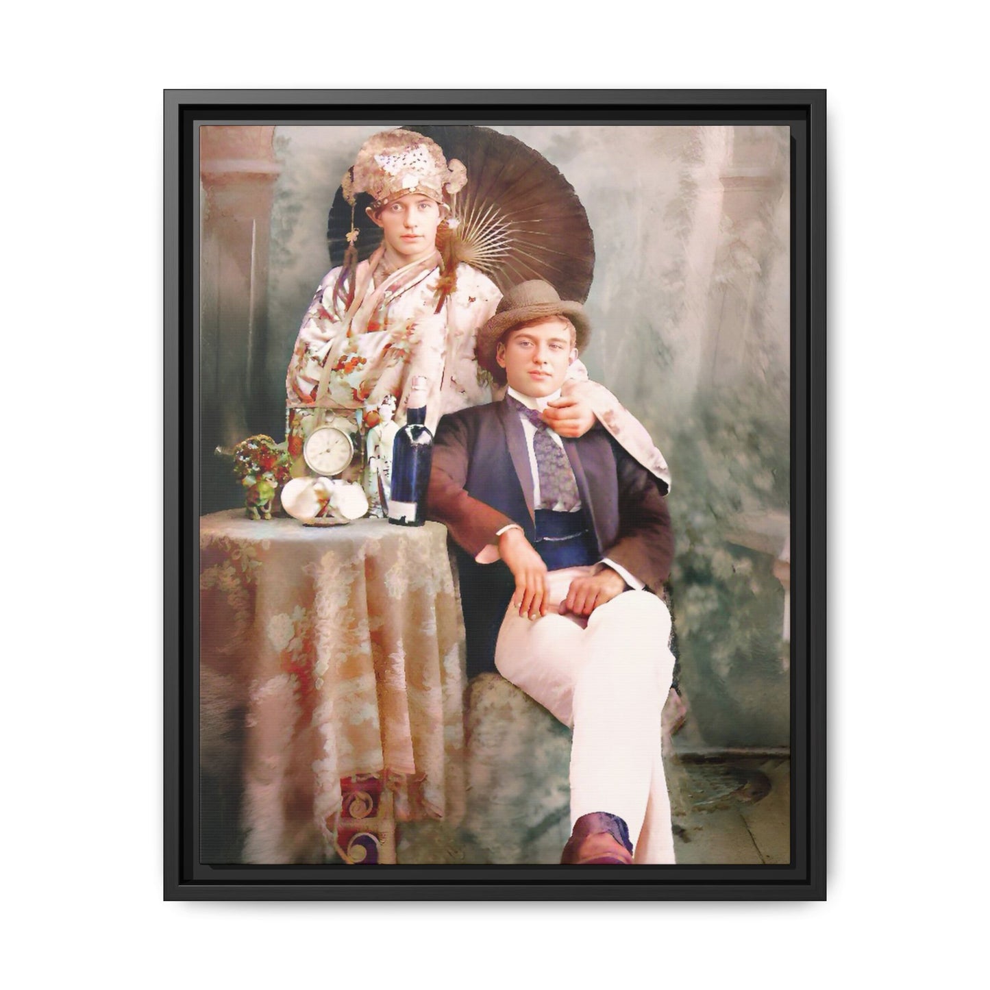 Restored early 1900s vintage photo from Mystic Memphi Carnival in Memphis, Tennessee, featuring elegance and creativity. Framed matte canvas art celebrating individuality and historical charm.  Gay Couple