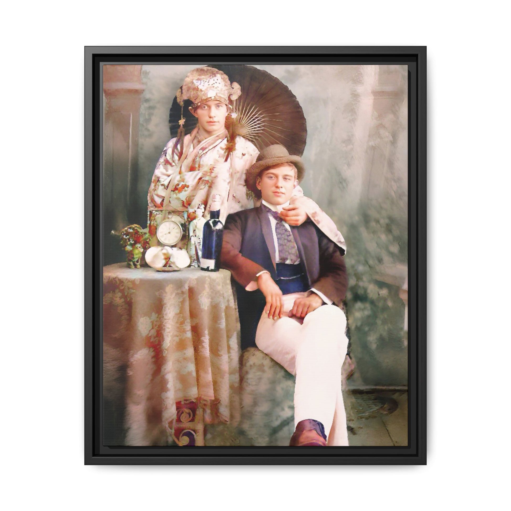 Restored early 1900s vintage photo from Mystic Memphi Carnival in Memphis, Tennessee, featuring elegance and creativity. Framed matte canvas art celebrating individuality and historical charm.  Gay Couple