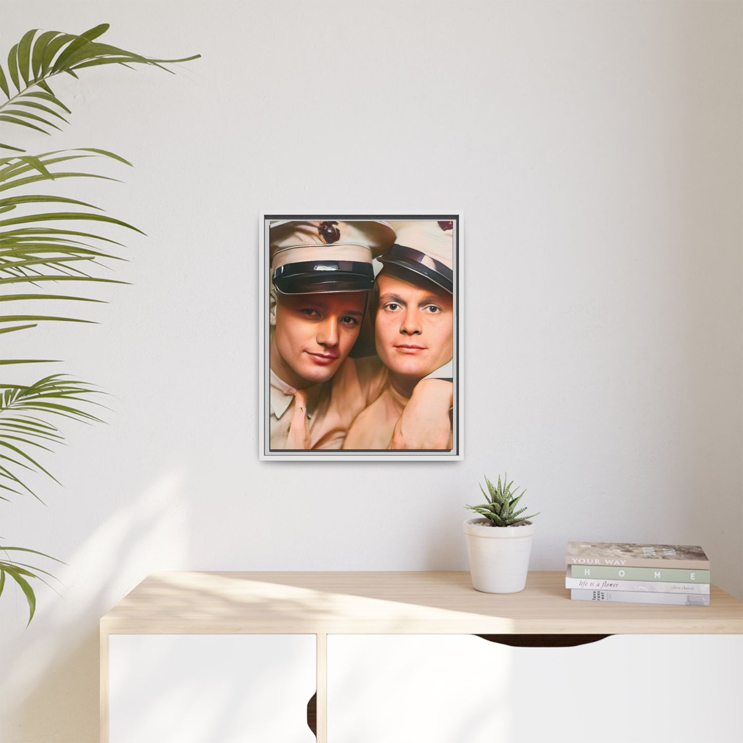 Restored vintage photograph of Paul and Ralph, an early 20th-century LGBTQ+ military couple from Camp Atterbury, Indiana. Framed matte canvas print celebrating love, courage, and LGBTQ+ history. Gay Couple Photo Booth