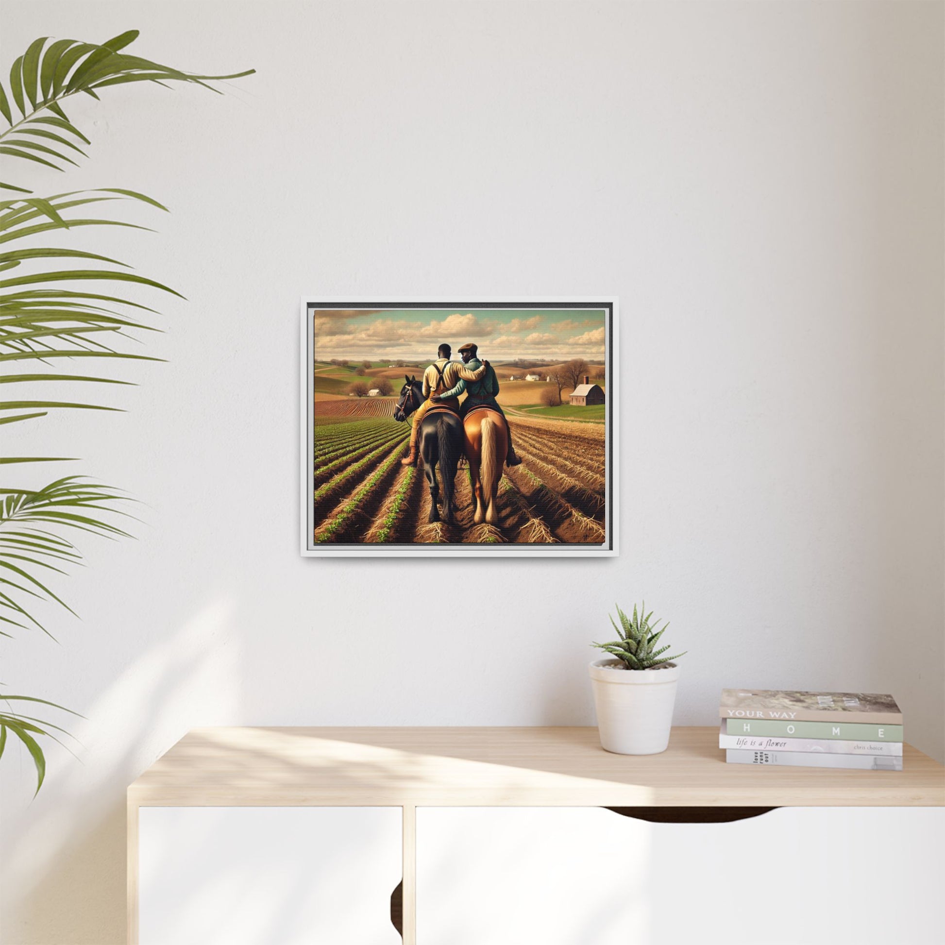 Artwork of an African-American gay couple riding horseback through expansive farmland, sharing a tender moment as they overlook lush fields. Dressed in rugged vintage attire, this scene captures resilience, love, and the charm of rural life, celebrating LGBTQ+ history and African-American heritage.